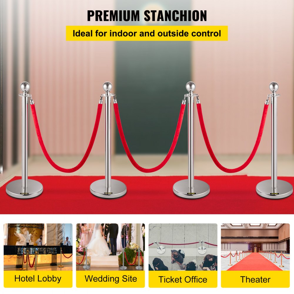 Bestequip 38 Inch Silver Stanchion Posts Queue, Red Velvet Rope, 4 Pack Rope Barriers Crowd Control Barriers Queue Line for Party School Hotel Supplies 
