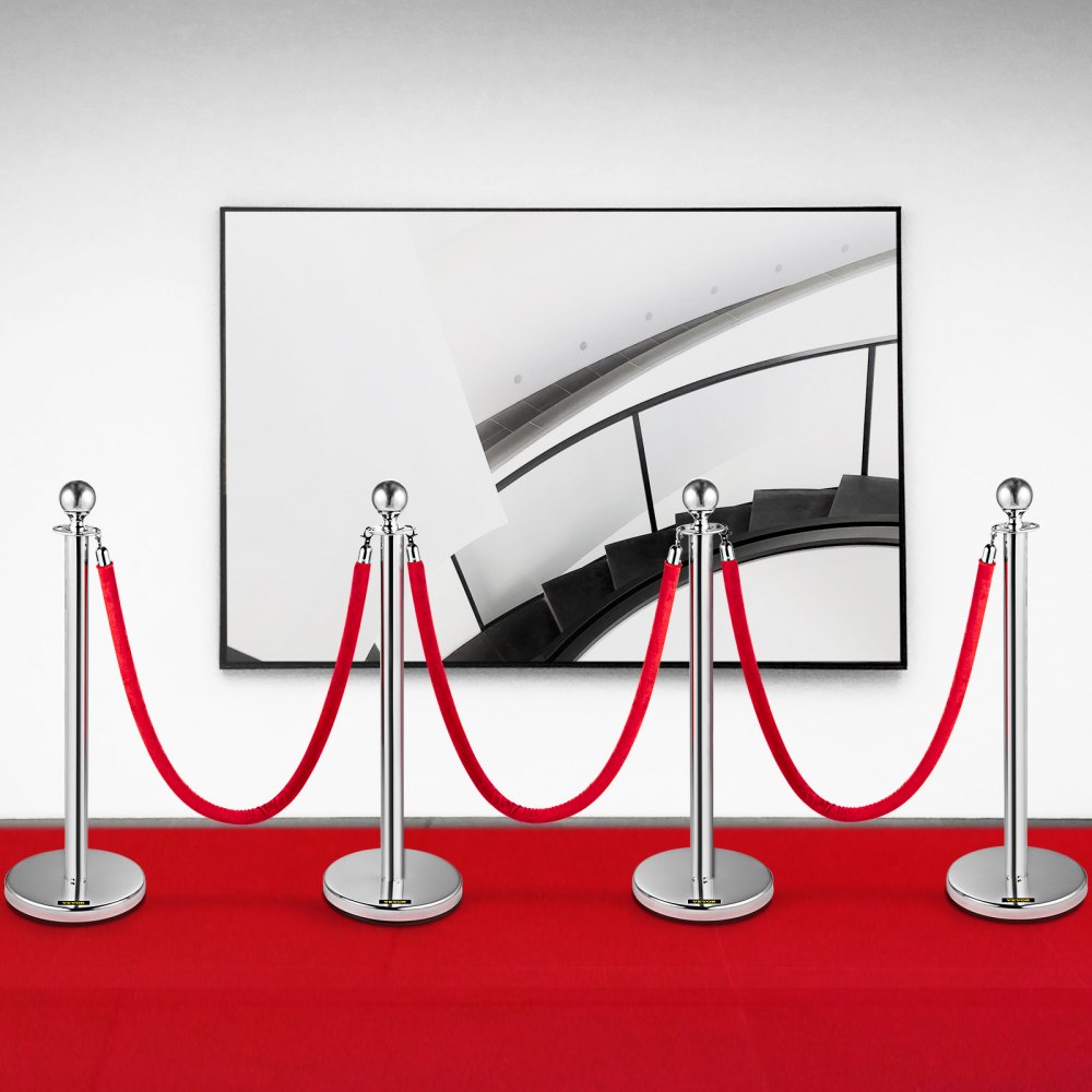 Bestequip 38 Inch Silver Stanchion Posts Queue, Red Velvet Rope, 4 Pack Rope Barriers Crowd Control Barriers Queue Line for Party School Hotel Supplies 