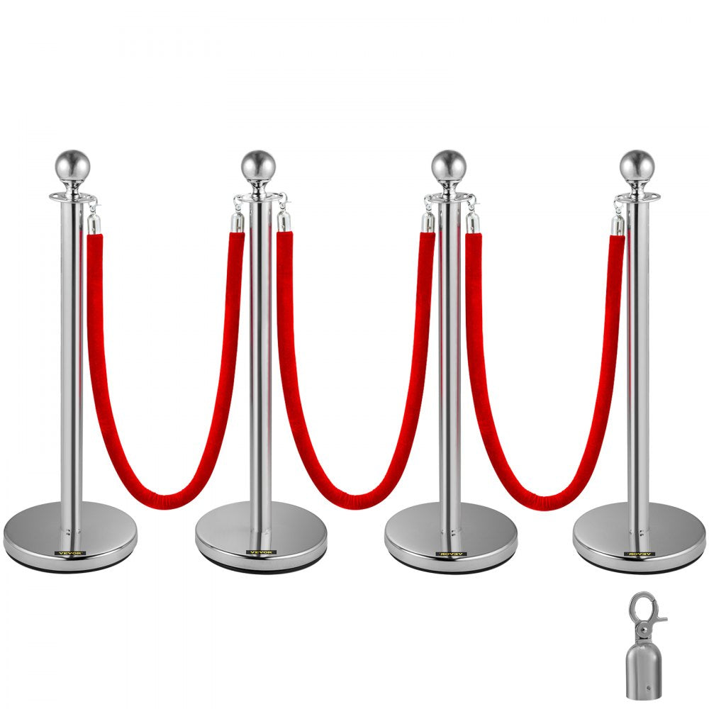 Bestequip 38 Inch Silver Stanchion Posts Queue, Red Velvet Rope, 4 Pack Rope Barriers Crowd Control Barriers Queue Line for Party School Hotel Supplies 