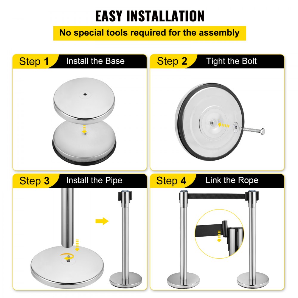 VEVOR Crowd Control Stanchion Stanchion Set 2 Pieces with 6.6 ft/2 m Black Belt 