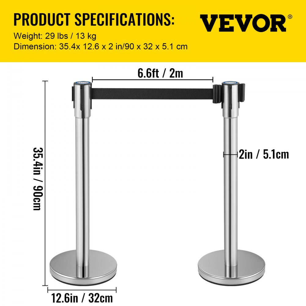 VEVOR Crowd Control Stanchion Stanchion Set 2 Pieces with 6.6 ft/2 m Black Belt 
