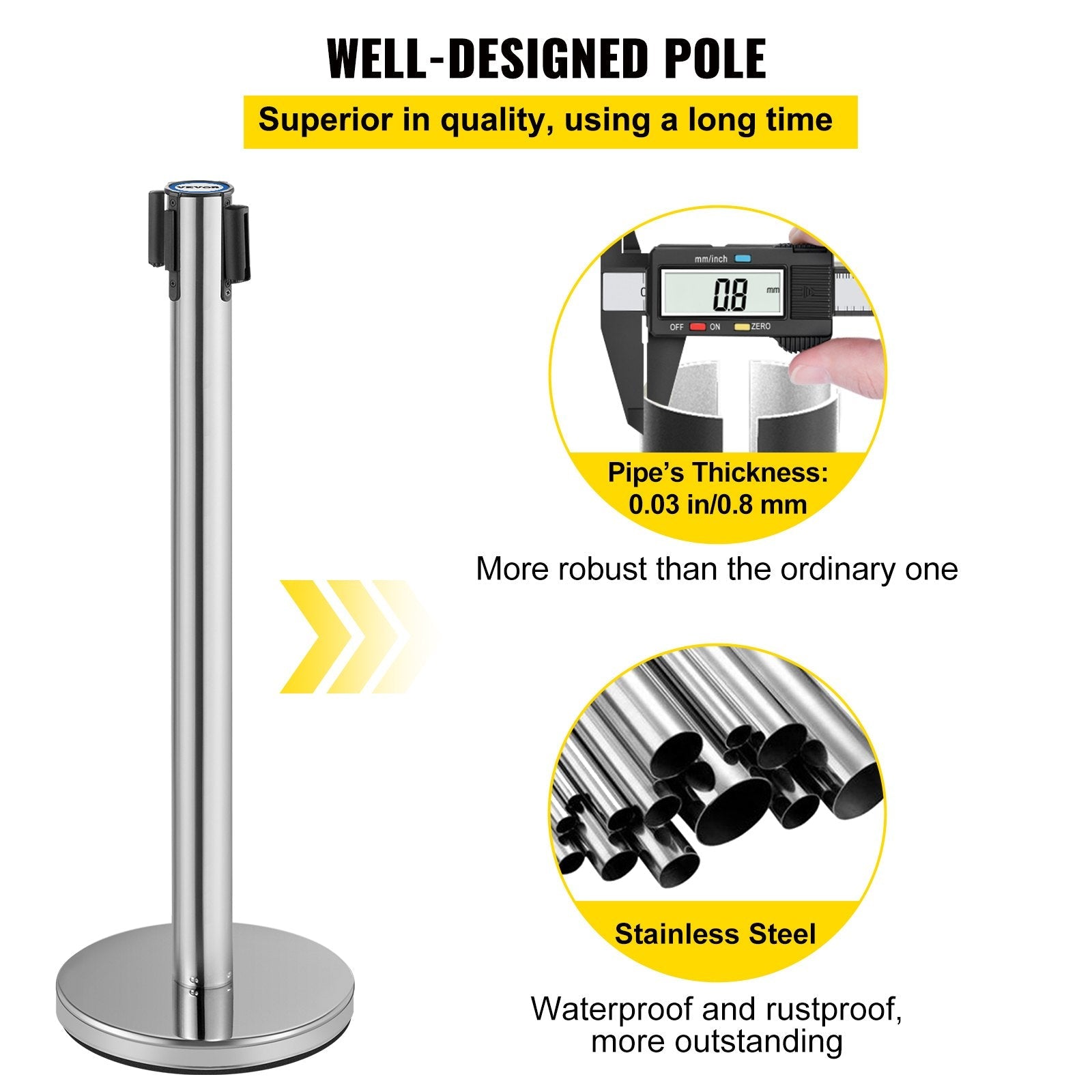 VEVOR Crowd Control Stanchion, Set of 6 Pieces Stanchion Set, Stanchion Set w/ 6.6ft/2m Red Retractable Belt, Silver Crowd Control Barrier w/ Sturdy Rubber Base–Easy Connect Assembly for Crowd Control 