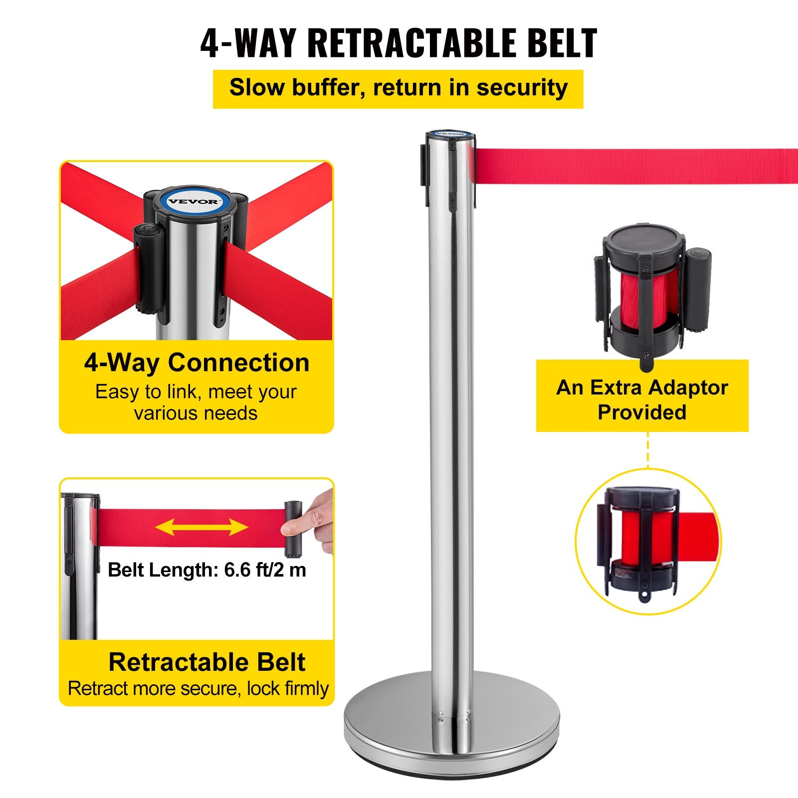 VEVOR Crowd Control Stanchion, Set of 6 Pieces Stanchion Set, Stanchion Set w/ 6.6ft/2m Red Retractable Belt, Silver Crowd Control Barrier w/ Sturdy Rubber Base–Easy Connect Assembly for Crowd Control 