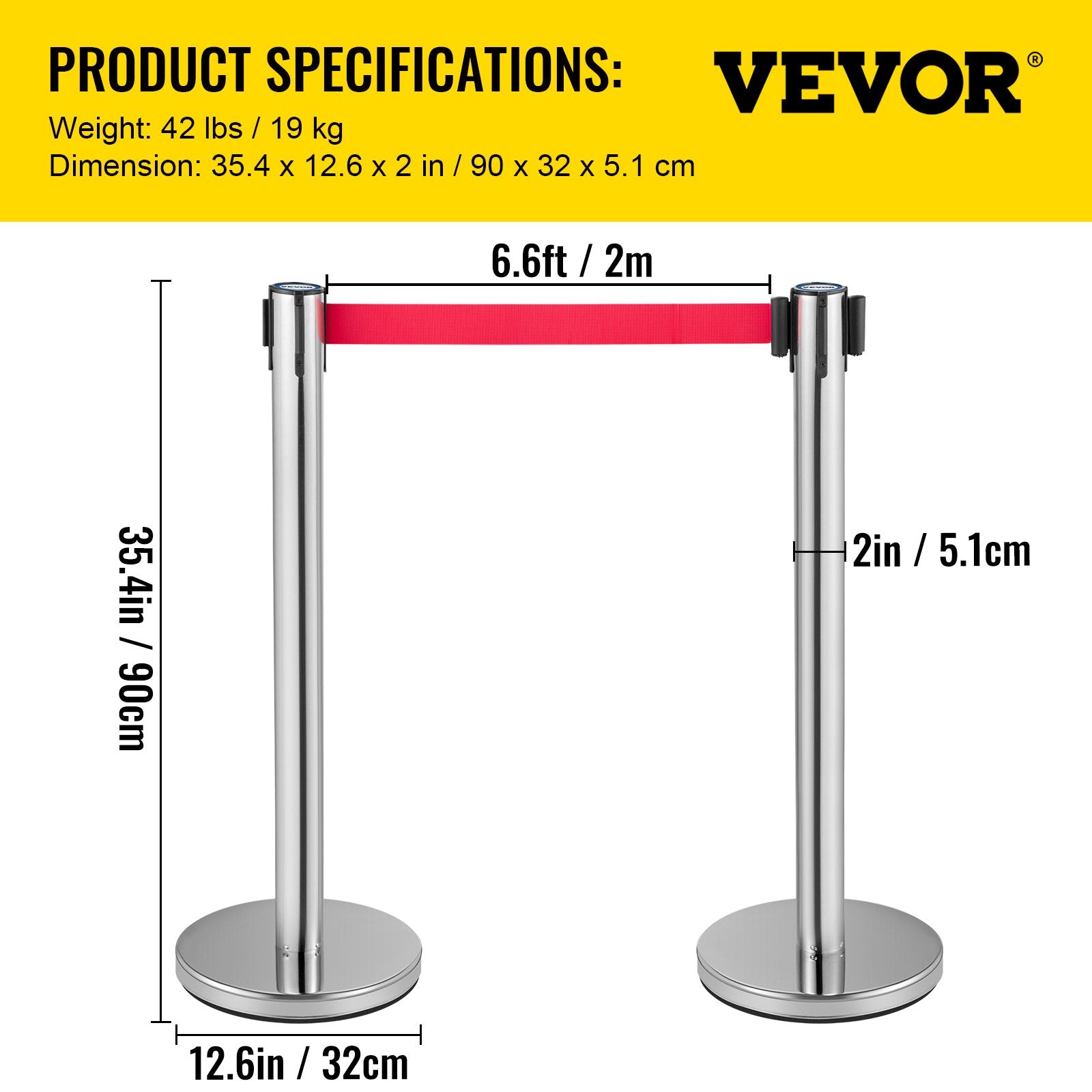 VEVOR Crowd Control Stanchion, Set of 6 Pieces Stanchion Set, Stanchion Set w/ 6.6ft/2m Red Retractable Belt, Silver Crowd Control Barrier w/ Sturdy Rubber Base–Easy Connect Assembly for Crowd Control 