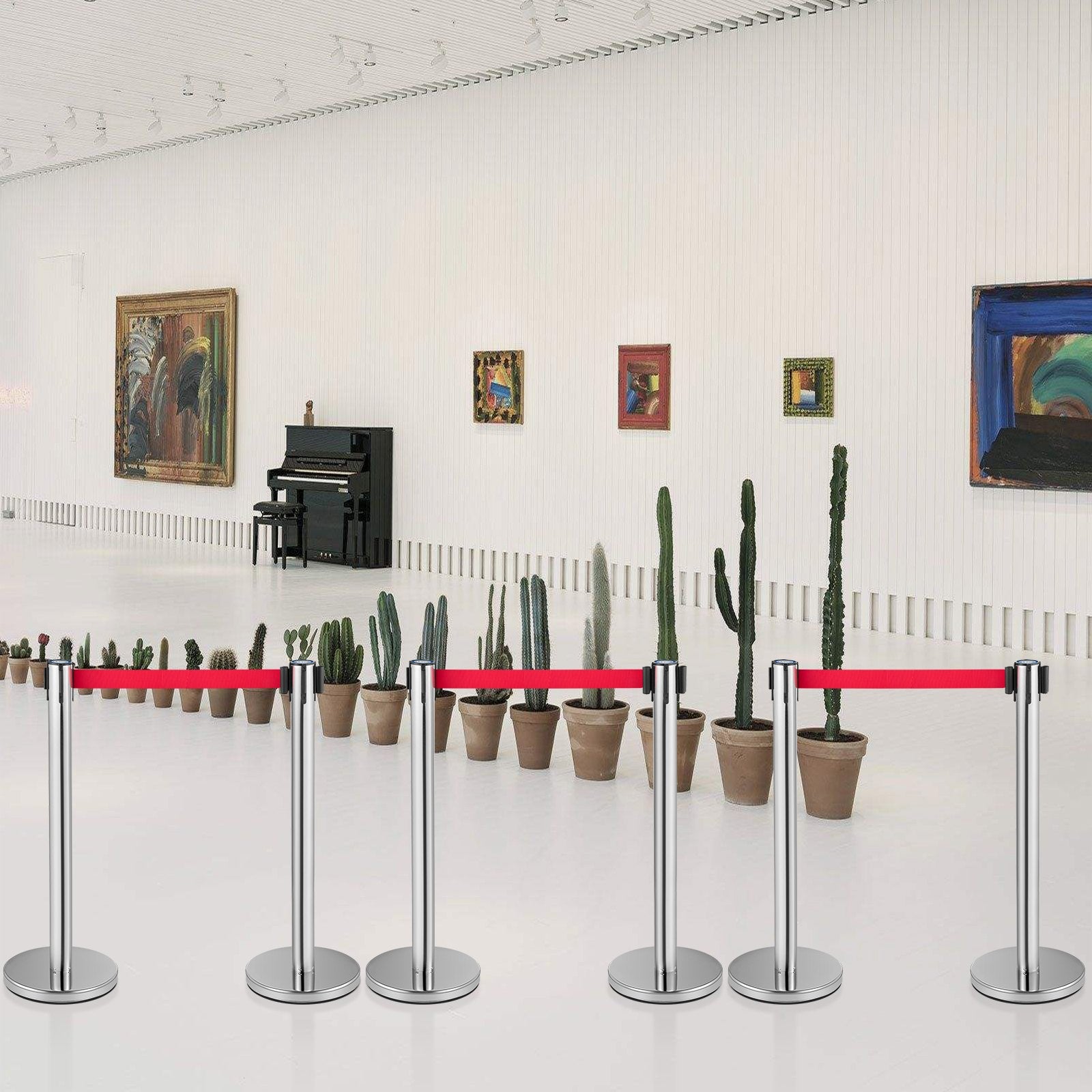 VEVOR Crowd Control Stanchion, Set of 6 Pieces Stanchion Set, Stanchion Set w/ 6.6ft/2m Red Retractable Belt, Silver Crowd Control Barrier w/ Sturdy Rubber Base–Easy Connect Assembly for Crowd Control 