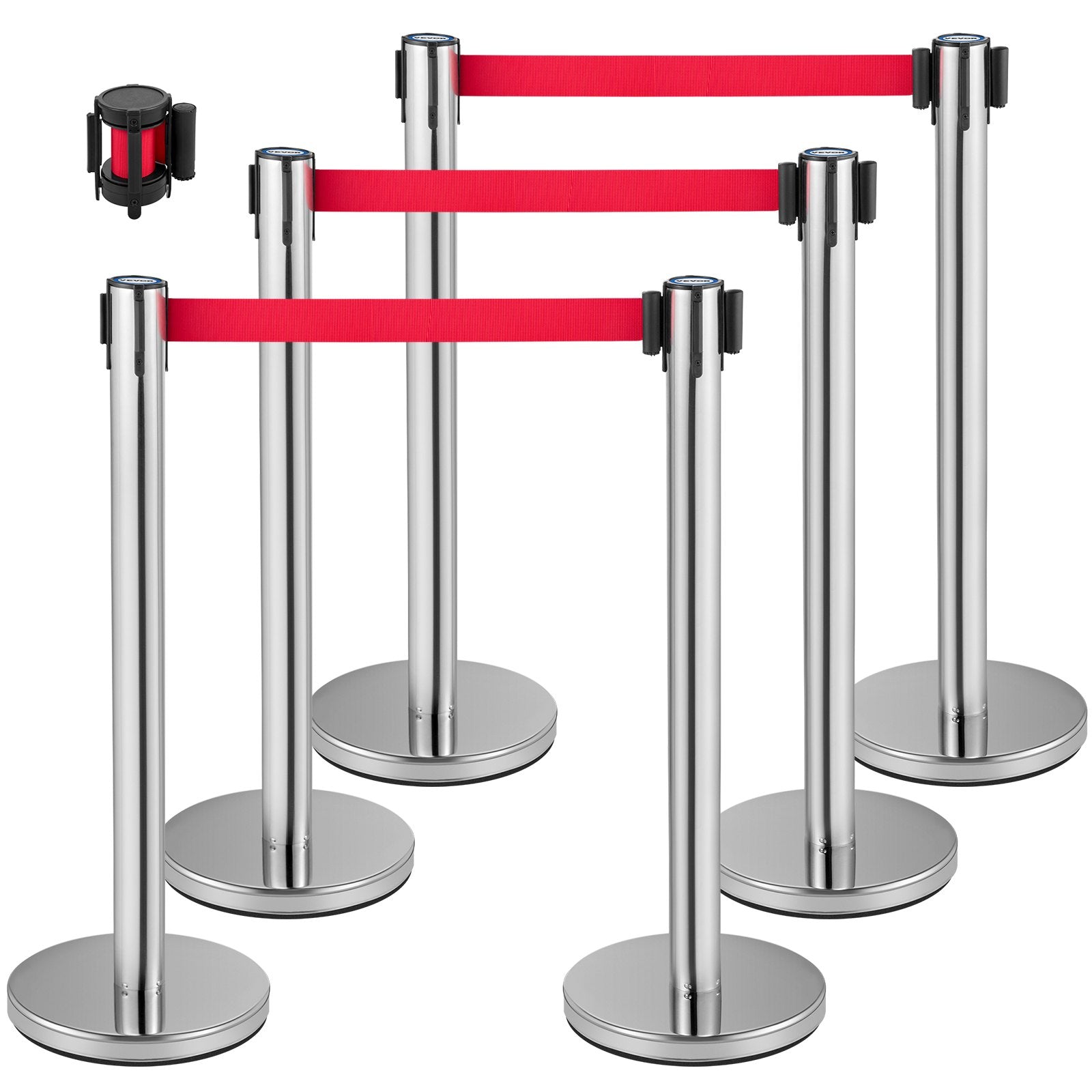 VEVOR Crowd Control Stanchion, Set of 6 Pieces Stanchion Set, Stanchion Set w/ 6.6ft/2m Red Retractable Belt, Silver Crowd Control Barrier w/ Sturdy Rubber Base–Easy Connect Assembly for Crowd Control 