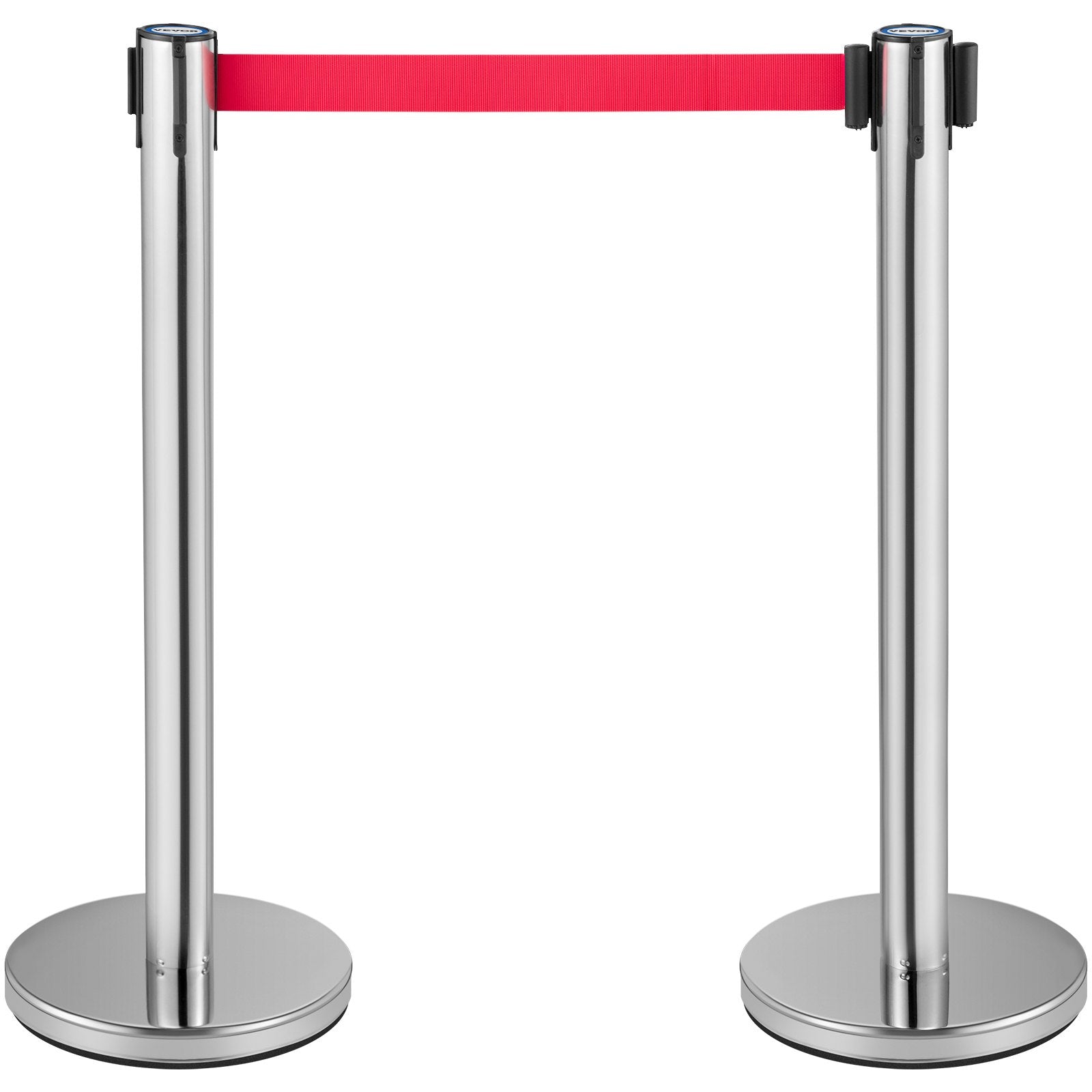 VEVOR Crowd Control Stanchion, Set of 6 Pieces Stanchion Set, Stanchion Set w/ 6.6ft/2m Red Retractable Belt, Silver Crowd Control Barrier w/ Sturdy Rubber Base–Easy Connect Assembly for Crowd Control 