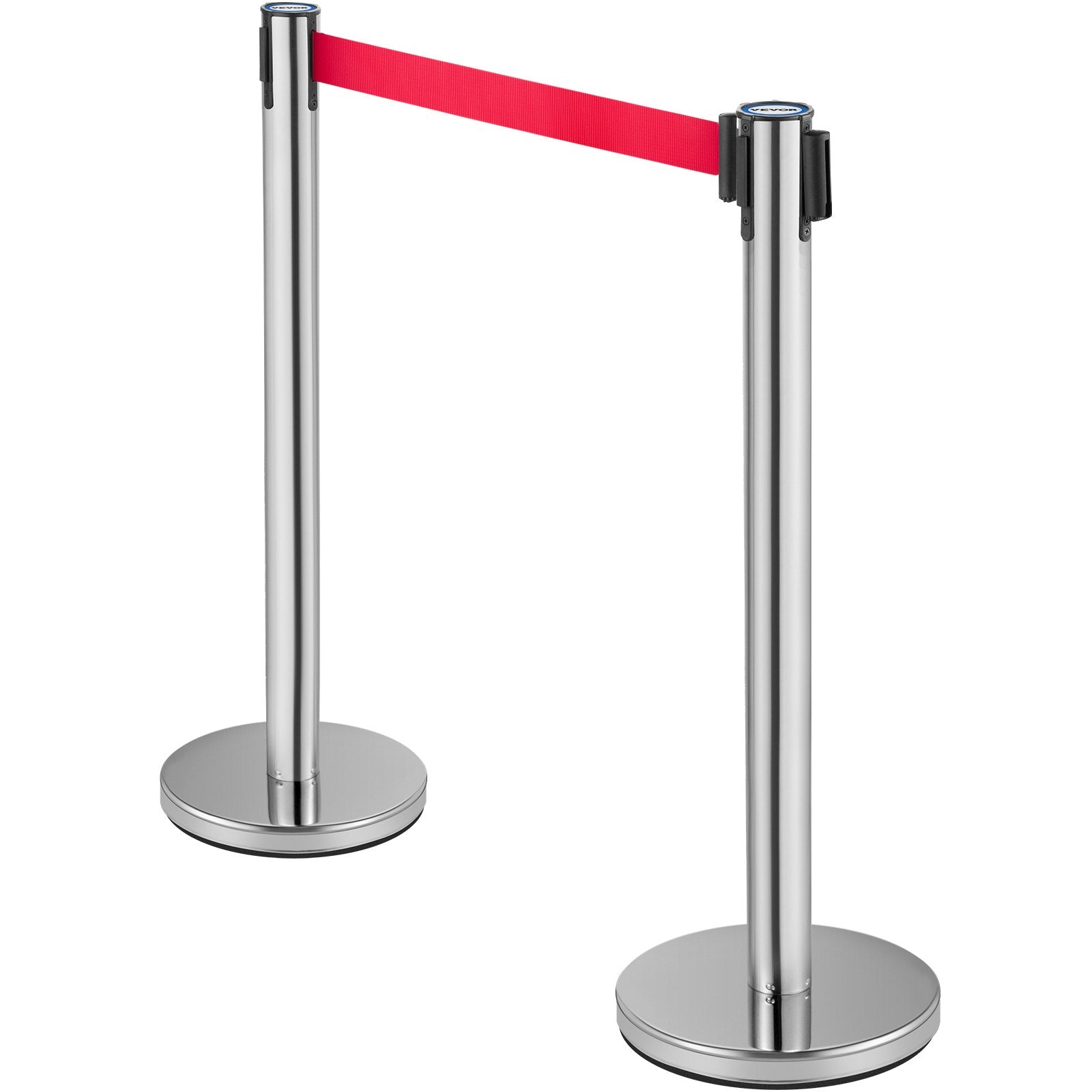 VEVOR Crowd Control Stanchion, Set of 6 Pieces Stanchion Set, Stanchion Set w/ 6.6ft/2m Red Retractable Belt, Silver Crowd Control Barrier w/ Sturdy Rubber Base–Easy Connect Assembly for Crowd Control 