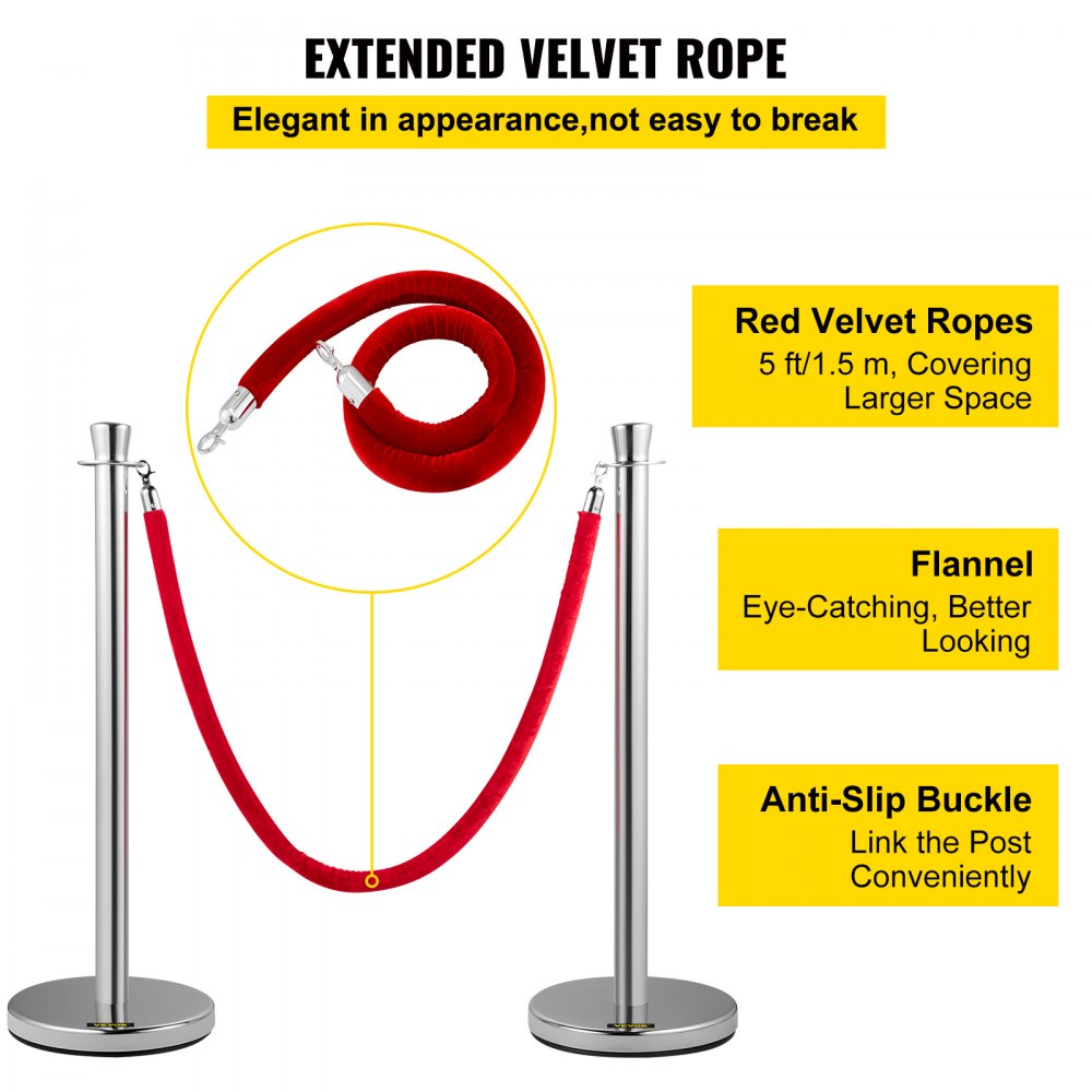 VEVOR Crowd Control Stanchion Stanchion Set 2 Pieces Set with Red Velvet Rope 