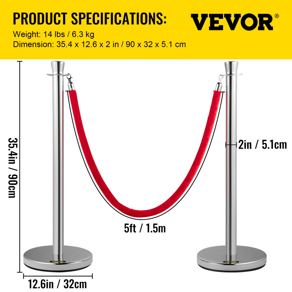 VEVOR Crowd Control Stanchion Stanchion Set 2 Pieces Set with Red Velvet Rope 
