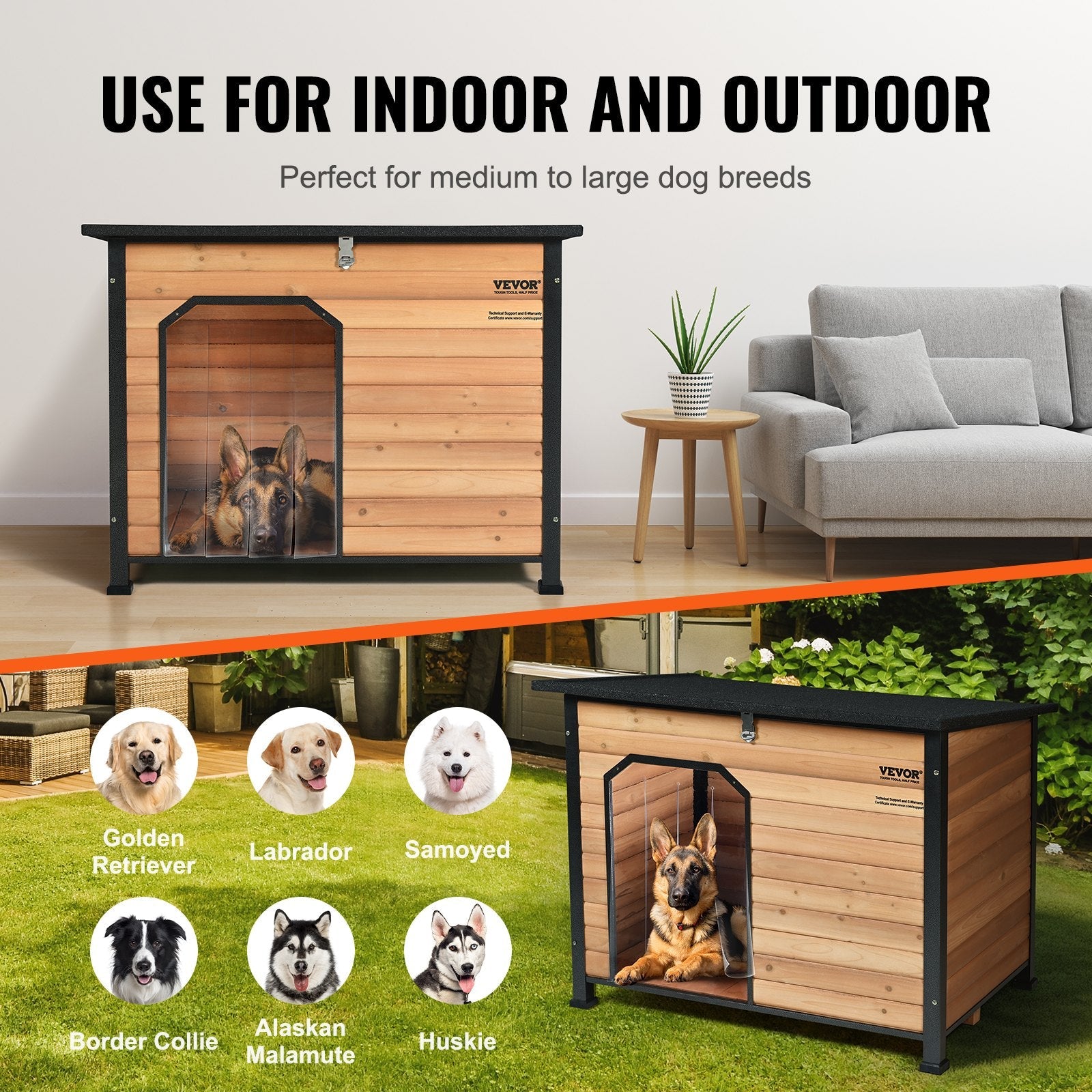 VEVOR Outdoor Dog House, Waterproof Insulated Dog House with Elevated Floor, Anti-Bite Wood Dog House Outdoor Iron Frame, Open Roof, for Medium to Large Dogs 