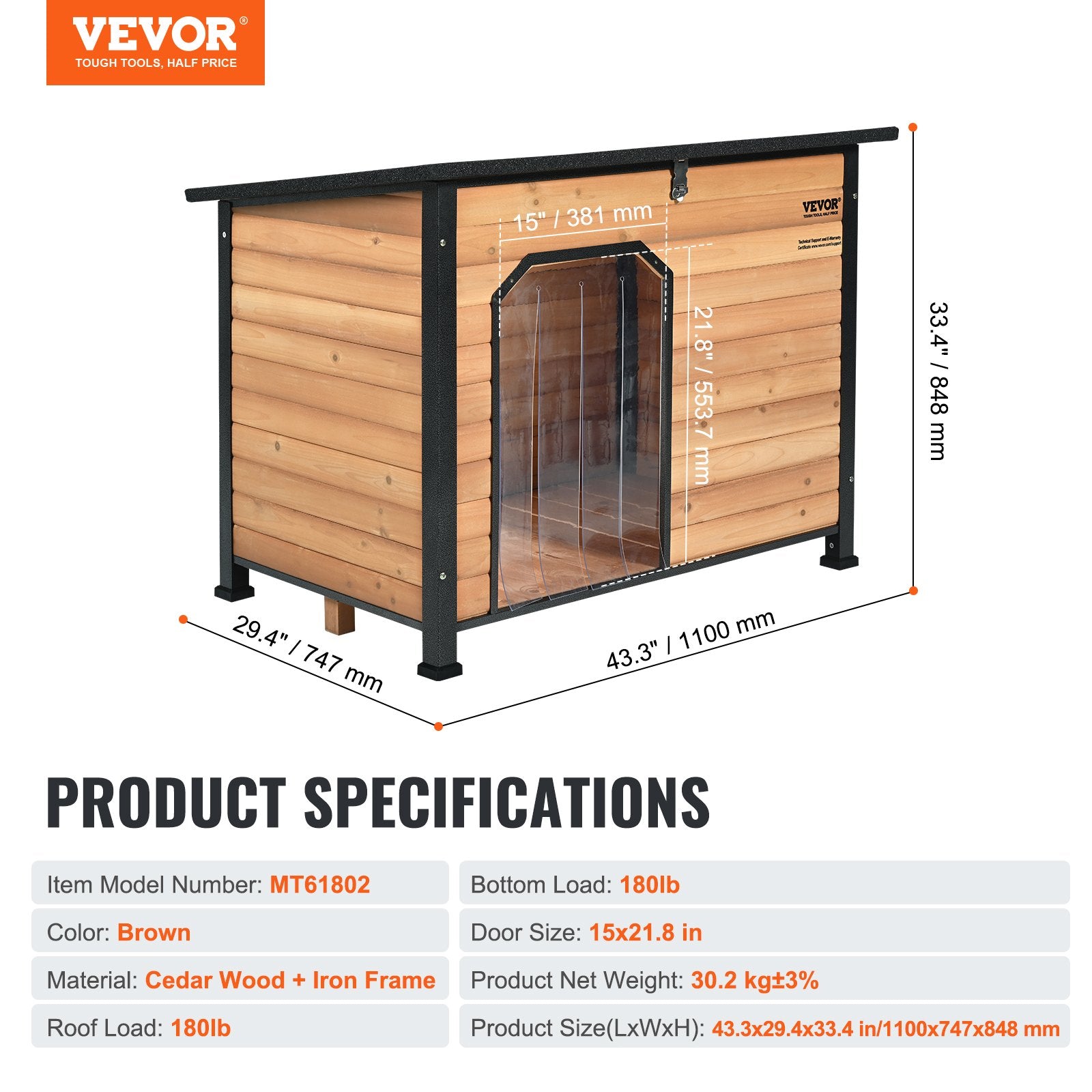 VEVOR Outdoor Dog House, Waterproof Insulated Dog House with Elevated Floor, Anti-Bite Wood Dog House Outdoor Iron Frame, Open Roof, for Medium to Large Dogs 