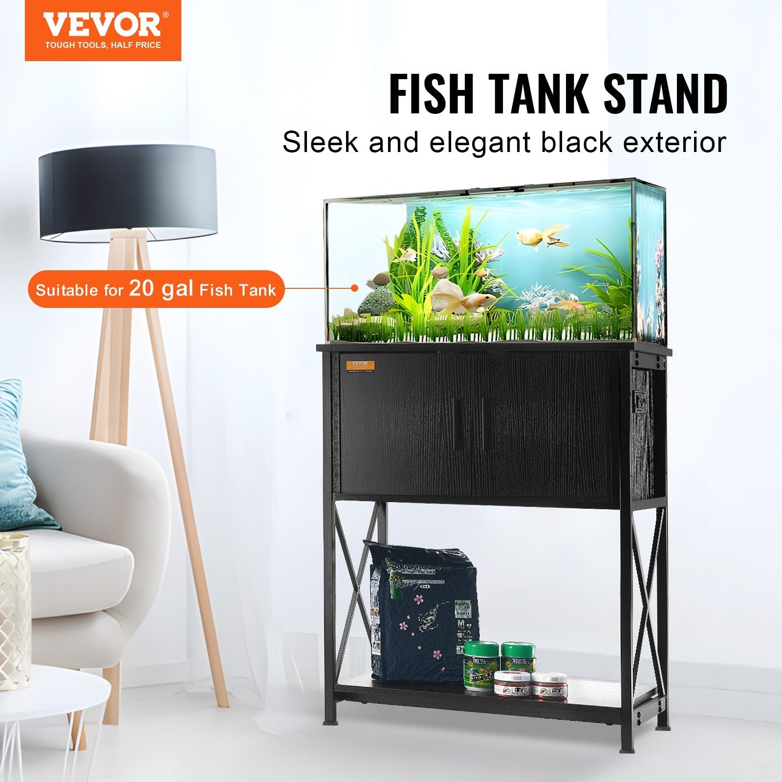 VEVOR Aquarium Stand, 20 Gallon Fish Tank Stand, 25.6 x 16.5 x 31.9 in Steel and MDF Turtle Tank Stand, 167.6 lbs Load Capacity, Reptile Tank Stand with Storage Cabinet and Embedded Power Panel, Black 