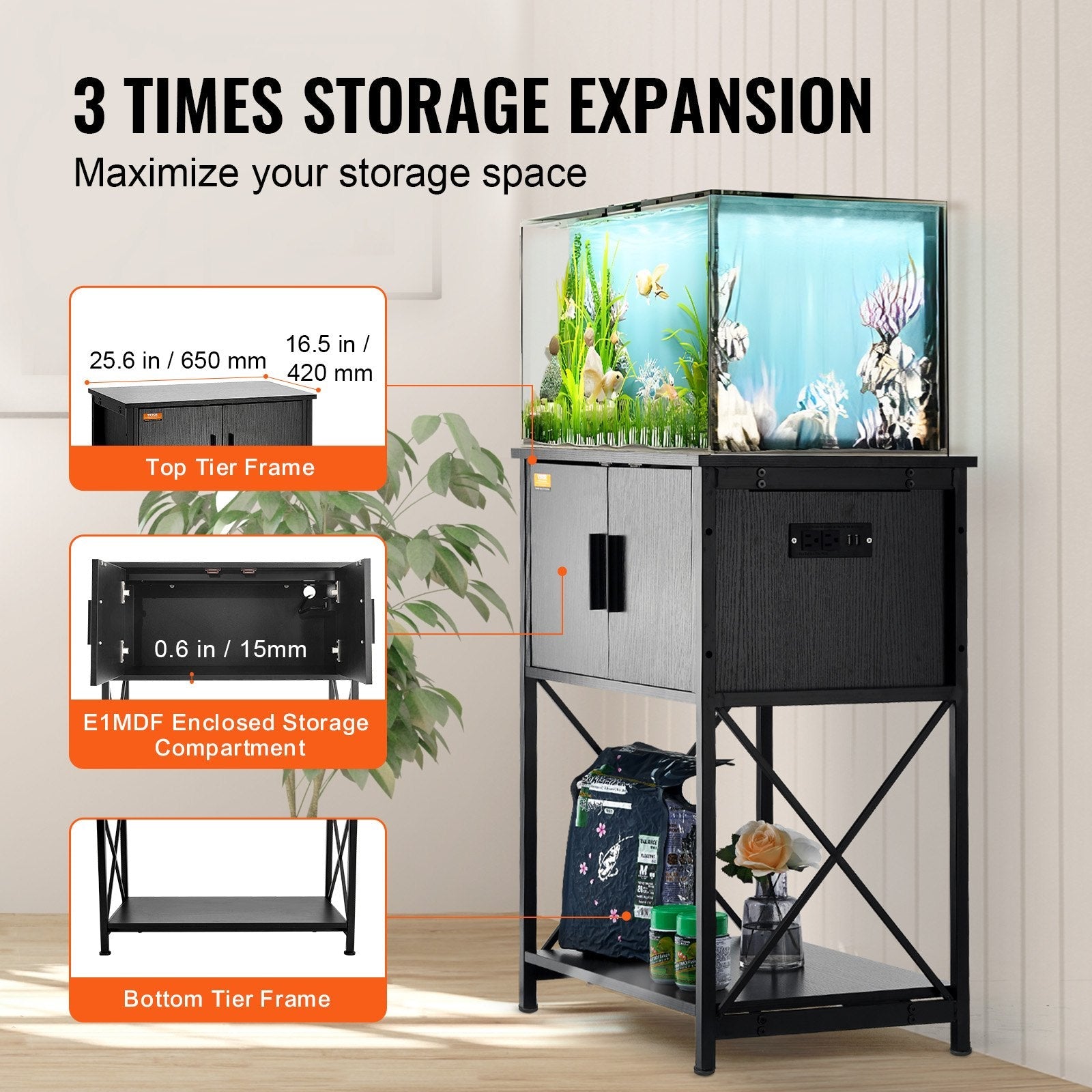 VEVOR Aquarium Stand, 20 Gallon Fish Tank Stand, 25.6 x 16.5 x 31.9 in Steel and MDF Turtle Tank Stand, 167.6 lbs Load Capacity, Reptile Tank Stand with Storage Cabinet and Embedded Power Panel, Black 
