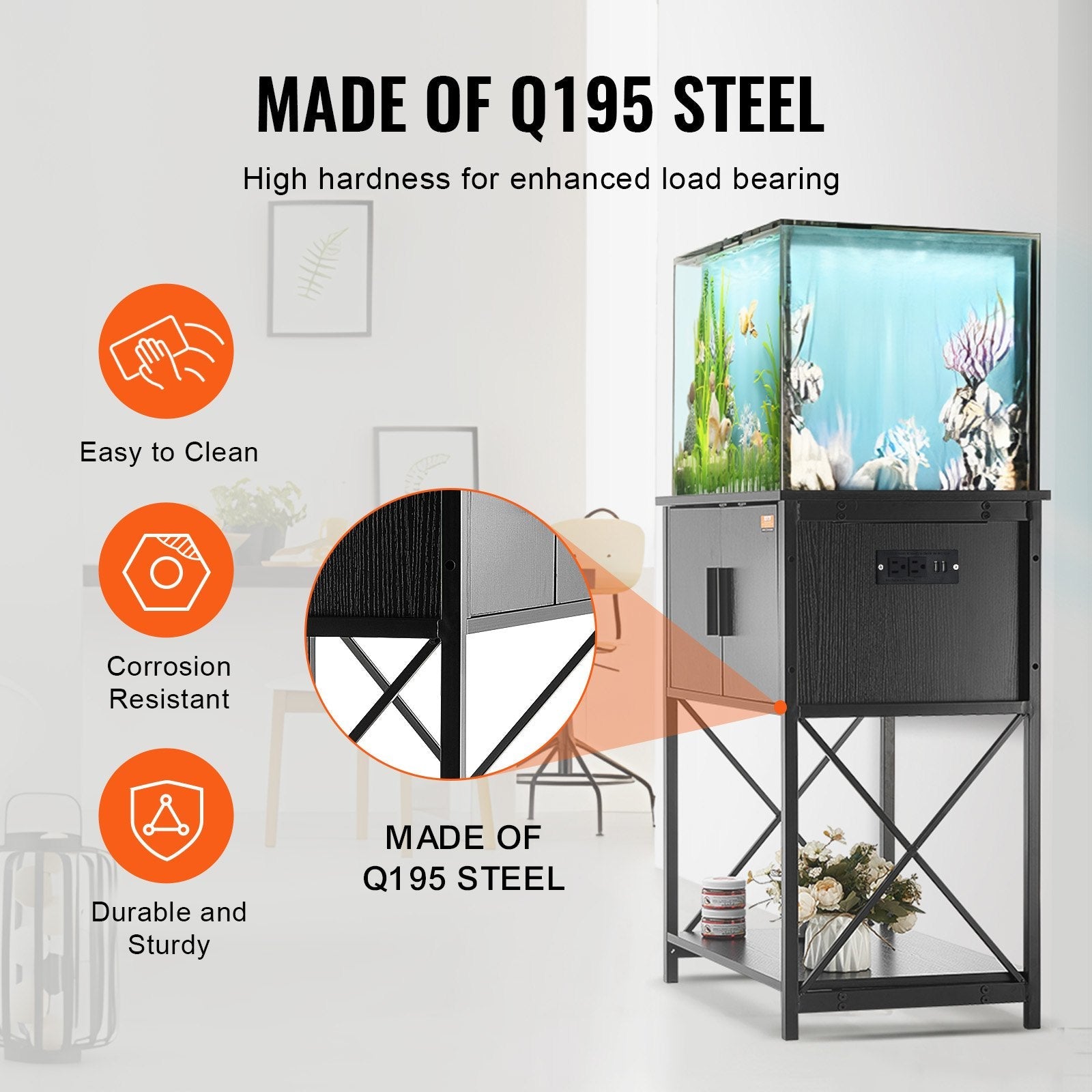 VEVOR Aquarium Stand, 20 Gallon Fish Tank Stand, 25.6 x 16.5 x 31.9 in Steel and MDF Turtle Tank Stand, 167.6 lbs Load Capacity, Reptile Tank Stand with Storage Cabinet and Embedded Power Panel, Black 