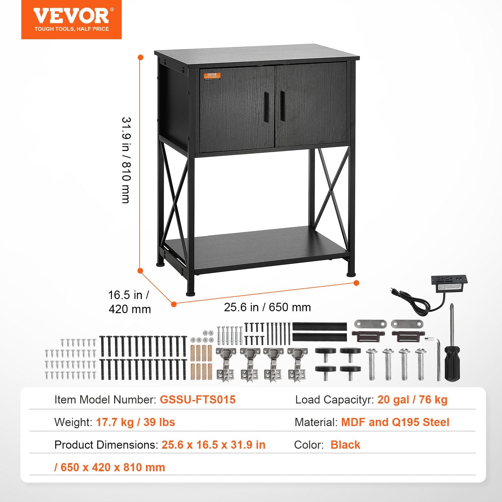 VEVOR Aquarium Stand, 20 Gallon Fish Tank Stand, 25.6 x 16.5 x 31.9 in Steel and MDF Turtle Tank Stand, 167.6 lbs Load Capacity, Reptile Tank Stand with Storage Cabinet and Embedded Power Panel, Black 