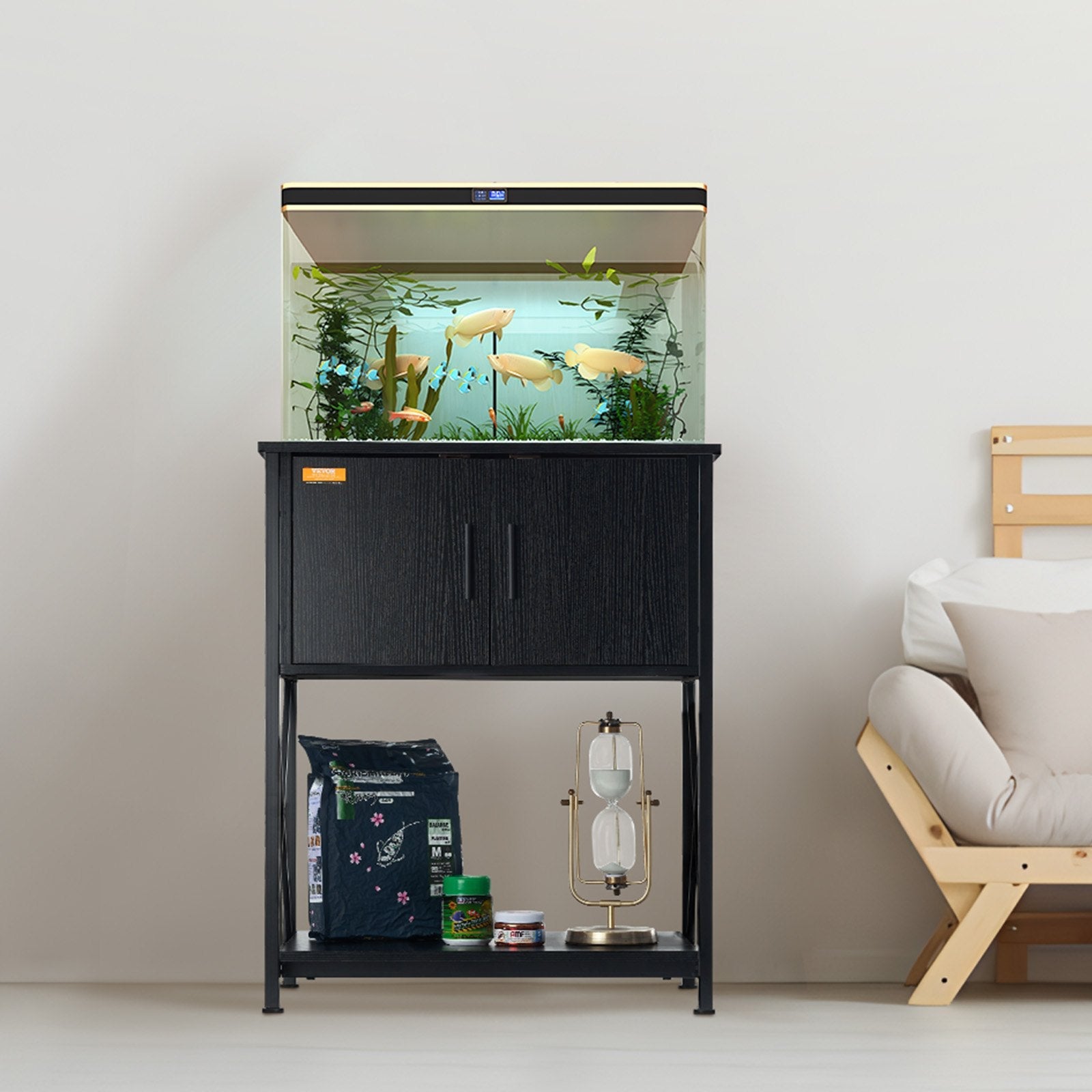 VEVOR Aquarium Stand, 20 Gallon Fish Tank Stand, 25.6 x 16.5 x 31.9 in Steel and MDF Turtle Tank Stand, 167.6 lbs Load Capacity, Reptile Tank Stand with Storage Cabinet and Embedded Power Panel, Black 