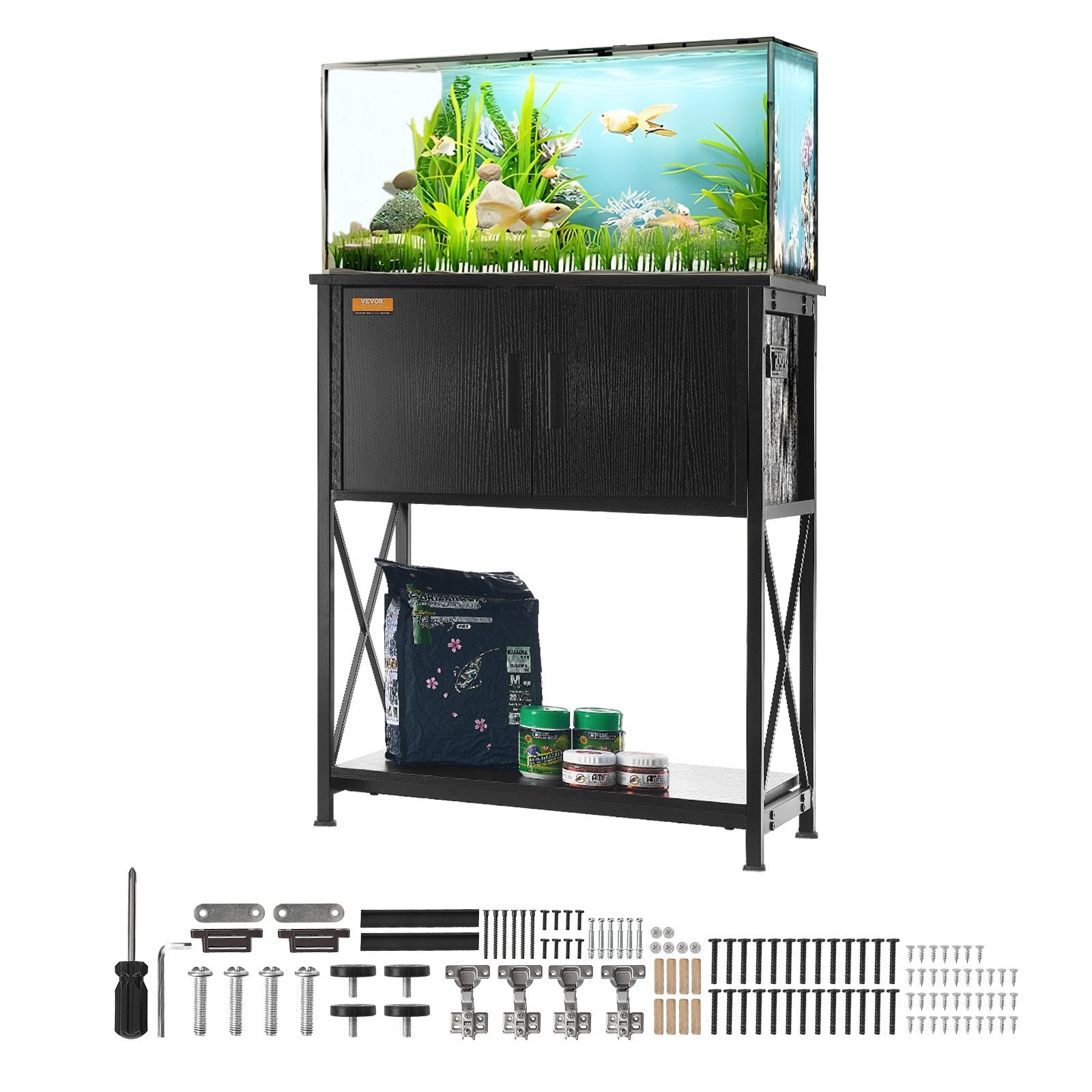 VEVOR Aquarium Stand, 20 Gallon Fish Tank Stand, 25.6 x 16.5 x 31.9 in Steel and MDF Turtle Tank Stand, 167.6 lbs Load Capacity, Reptile Tank Stand with Storage Cabinet and Embedded Power Panel, Black 