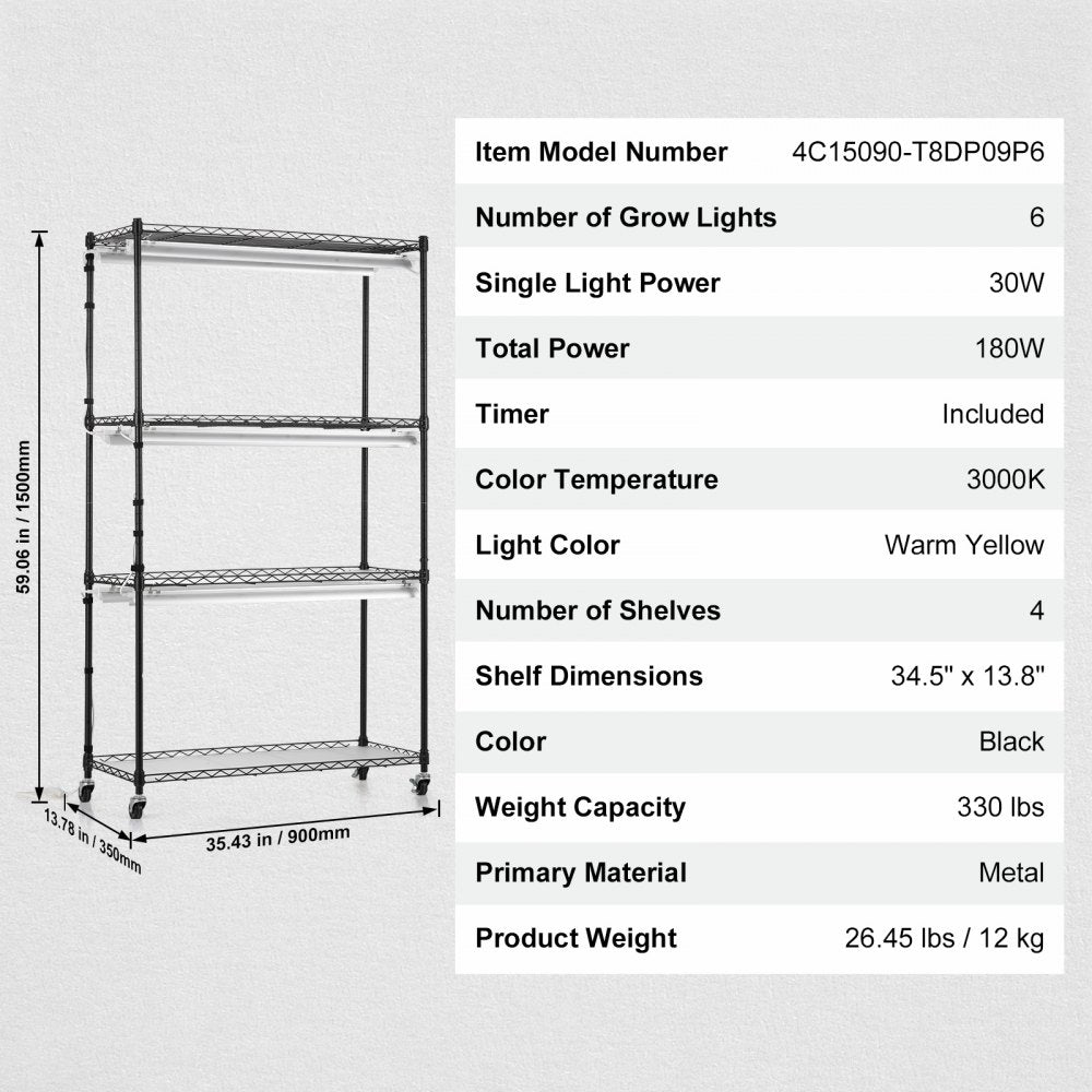 VEVOR Plant Stand with Grow Lights 4 Tiers 180W 59.1" Tall Plant Grow Shelf 