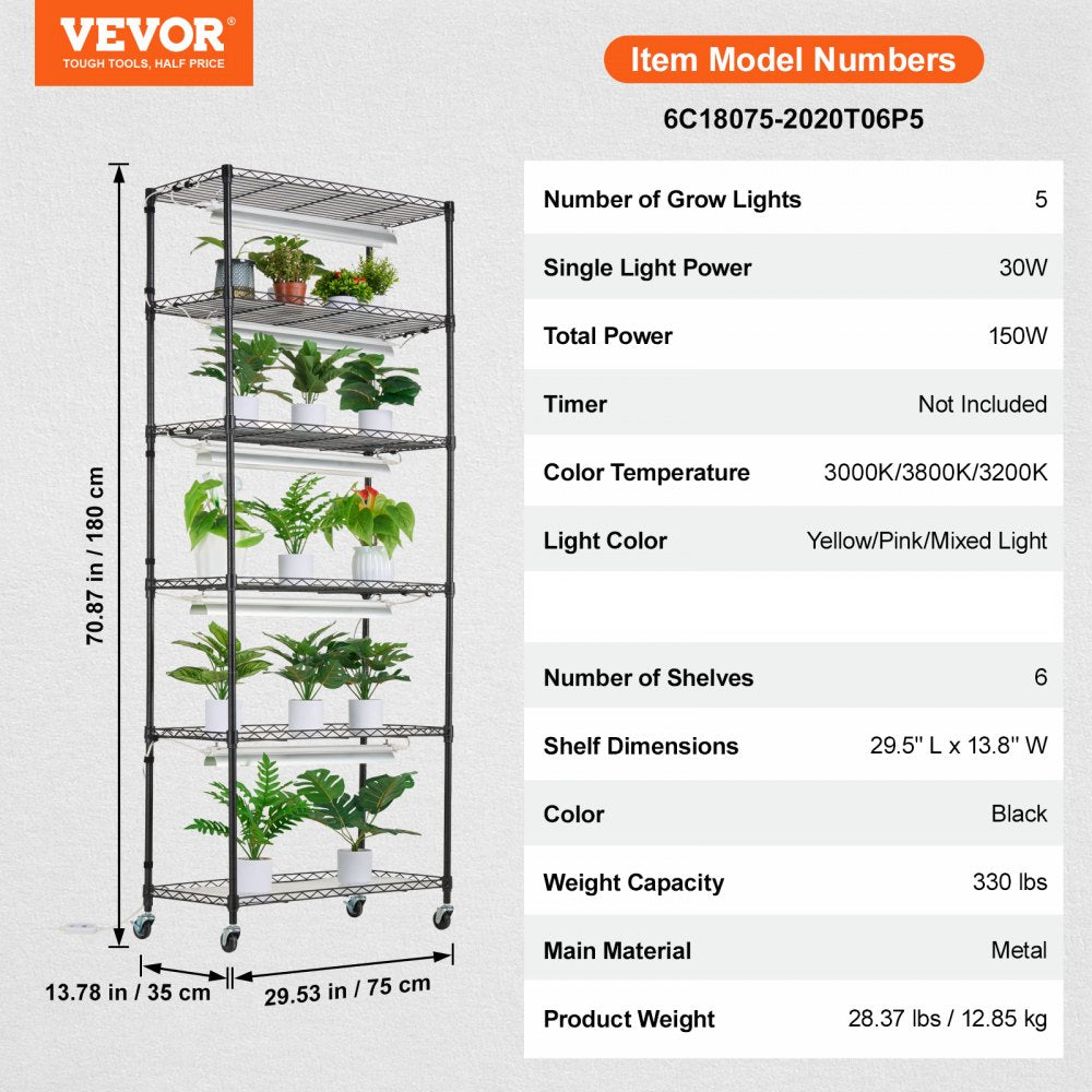 VEVOR Plant Stand with Grow Lights 6 Tiers 150W 70.9" Tall Plant Grow Shelf 