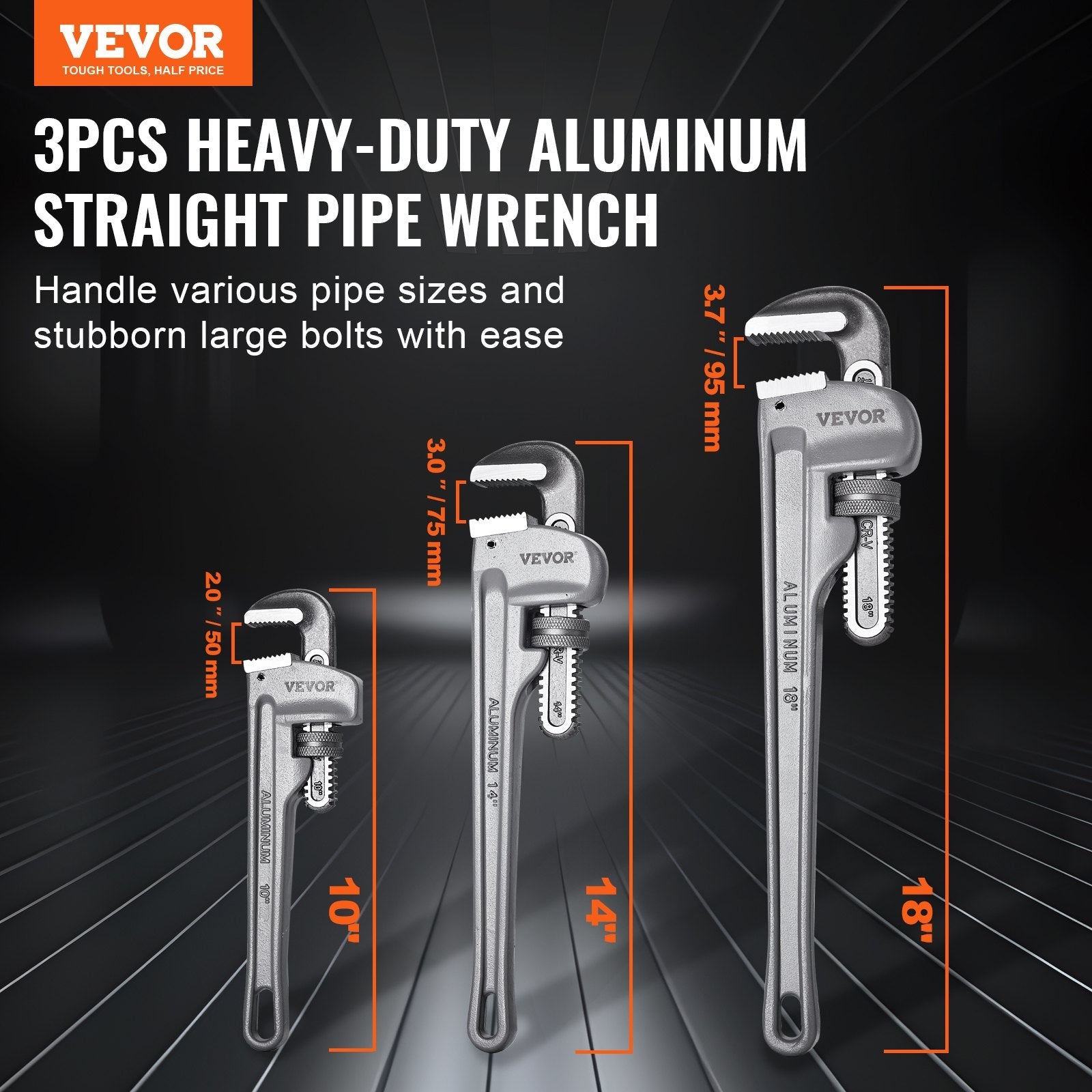 VEVOR 3-Piece Pipe Wrench Set, 10" 14" 18" Aluminum Straight Pipe Wrench, Adjustable Plumbing Wrench, with High Strength Jaw and Ergonomic Handle, Hangable Design, for Water Pipes, Automotive Repairs 
