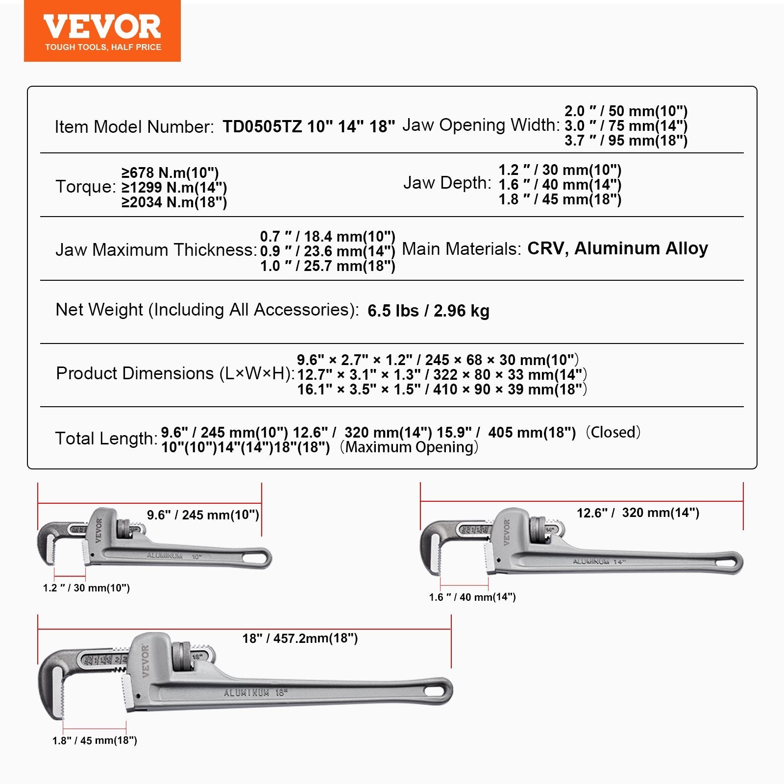 VEVOR 3-Piece Pipe Wrench Set, 10" 14" 18" Aluminum Straight Pipe Wrench, Adjustable Plumbing Wrench, with High Strength Jaw and Ergonomic Handle, Hangable Design, for Water Pipes, Automotive Repairs 