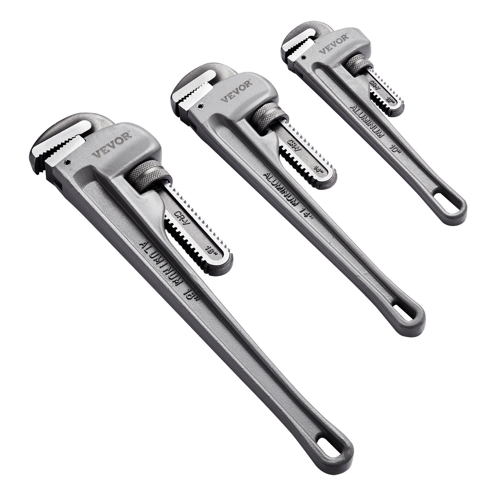 VEVOR 3-Piece Pipe Wrench Set, 10" 14" 18" Aluminum Straight Pipe Wrench, Adjustable Plumbing Wrench, with High Strength Jaw and Ergonomic Handle, Hangable Design, for Water Pipes, Automotive Repairs 