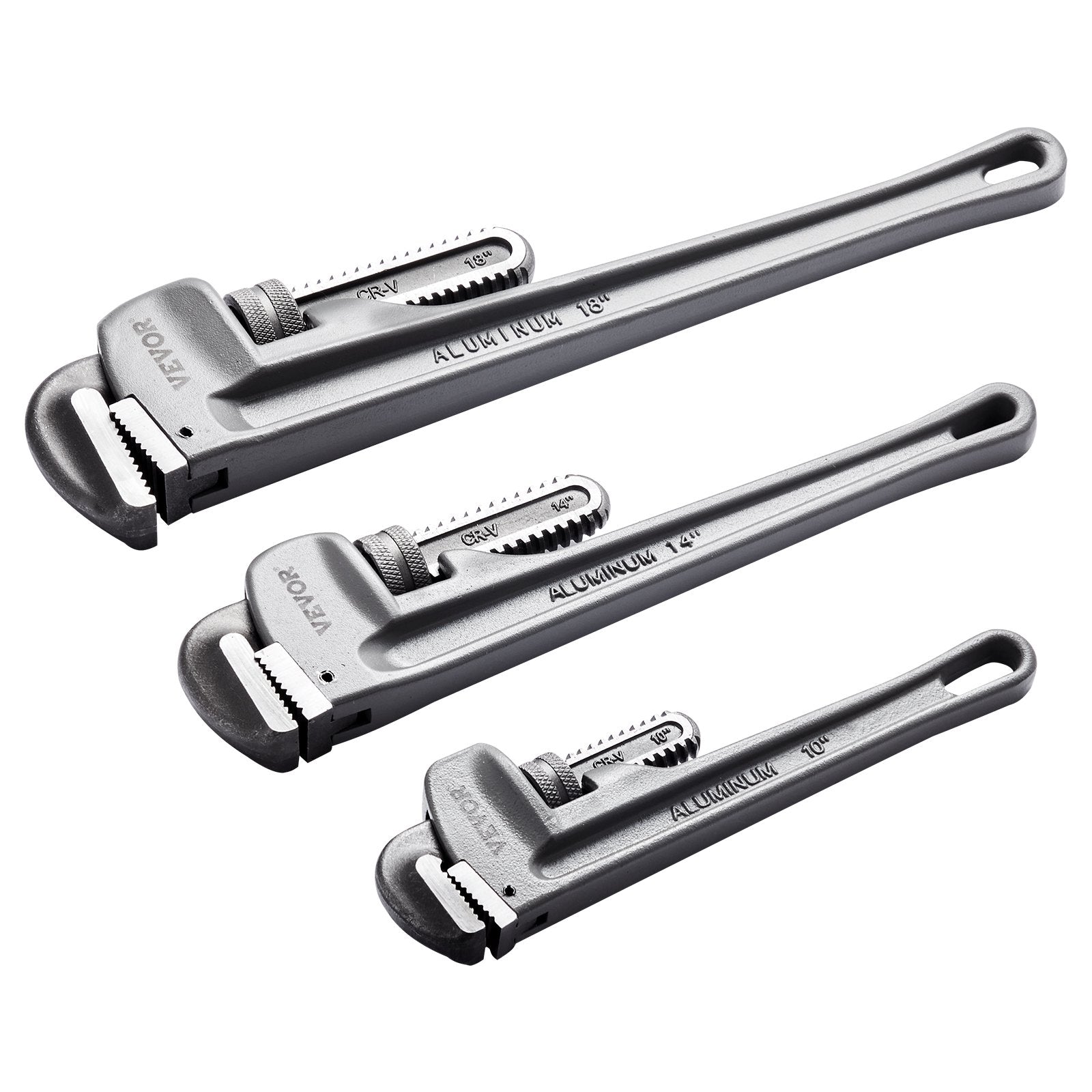 VEVOR 3-Piece Pipe Wrench Set, 10" 14" 18" Aluminum Straight Pipe Wrench, Adjustable Plumbing Wrench, with High Strength Jaw and Ergonomic Handle, Hangable Design, for Water Pipes, Automotive Repairs 