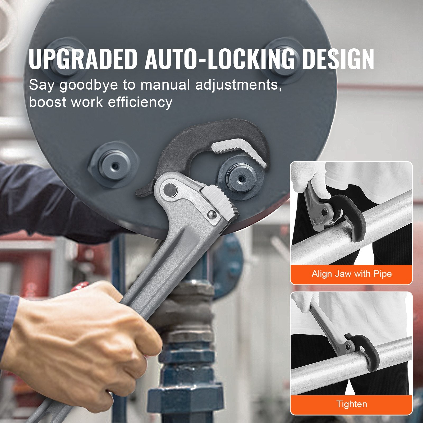 VEVOR Pipe Wrench, 14" Aluminum Straight Pipe Wrench, Automatic Jaw Adjustment, Adjustable Plumbing Wrench, Easy to Carry, Ergonomic Handle, Hangable Design, for Water Pipes, Automotive Repairs 