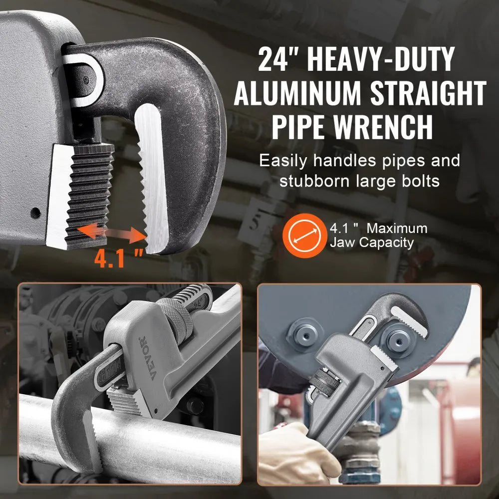 VEVOR Pipe Wrench, 24" Aluminum Straight Pipe Wrench, Adjustable Plumbing Wrench, with High Strength Jaw and Ergonomic Handle, Easy to Carry, Hangable Design, for Water Pipes, Automotive Repairs