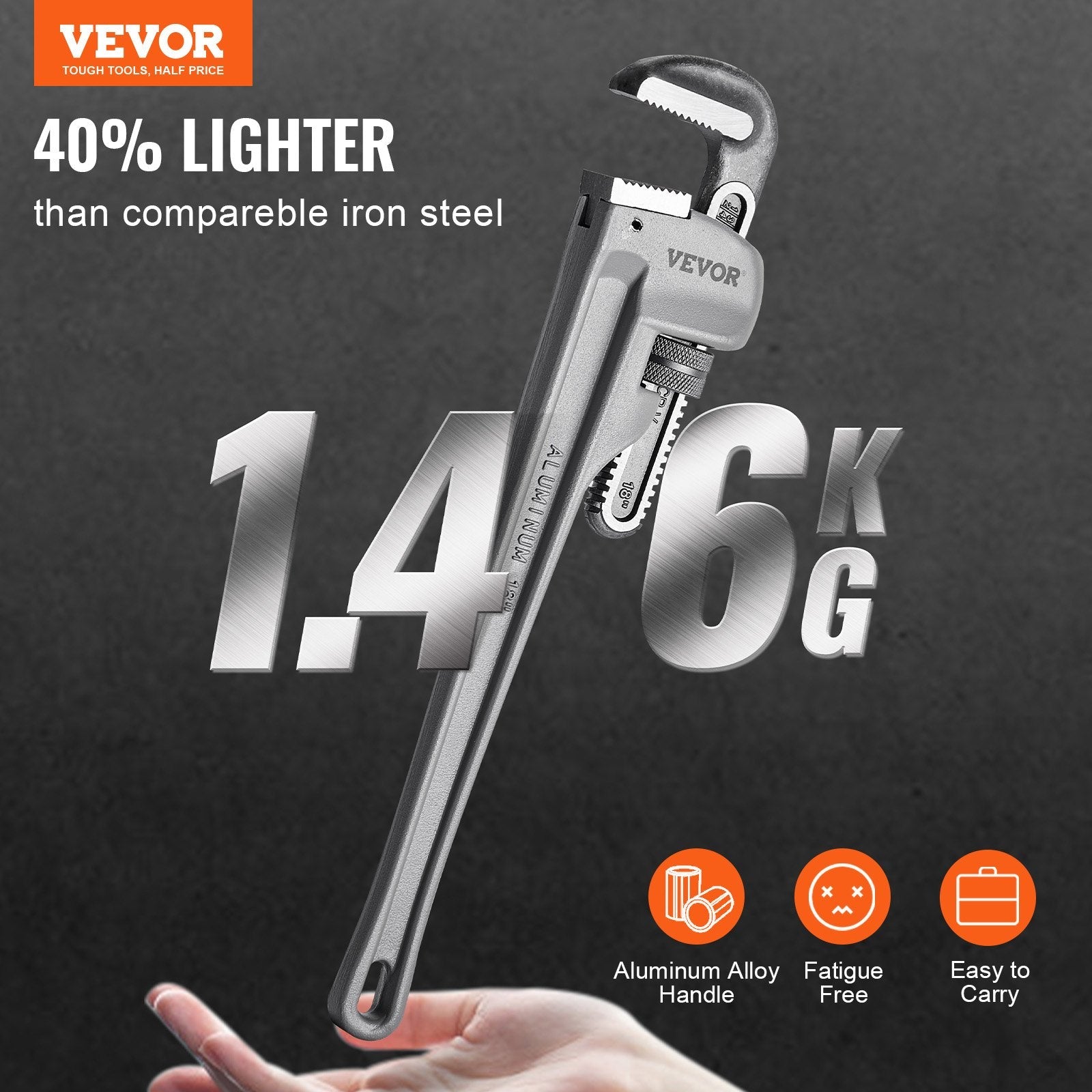 VEVOR Pipe Wrench, 18" Aluminum Straight Pipe Wrench, Adjustable Plumbing Wrench, with High Strength Jaw and Ergonomic Handle, Easy to Carry, Hangable Design, for Water Pipes, Automotive Repairs 