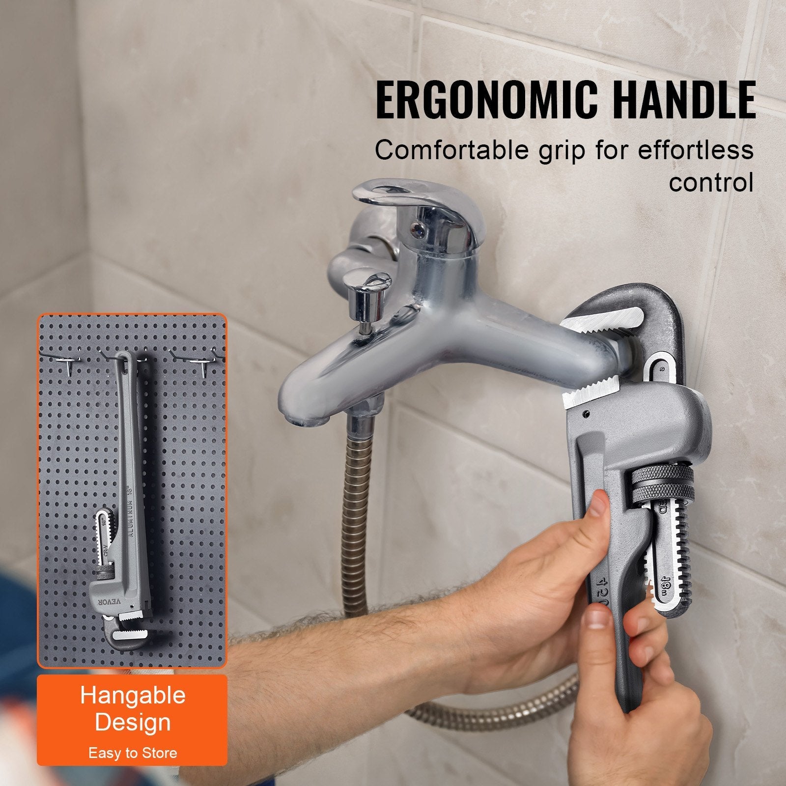 VEVOR Pipe Wrench, 18" Aluminum Straight Pipe Wrench, Adjustable Plumbing Wrench, with High Strength Jaw and Ergonomic Handle, Easy to Carry, Hangable Design, for Water Pipes, Automotive Repairs 