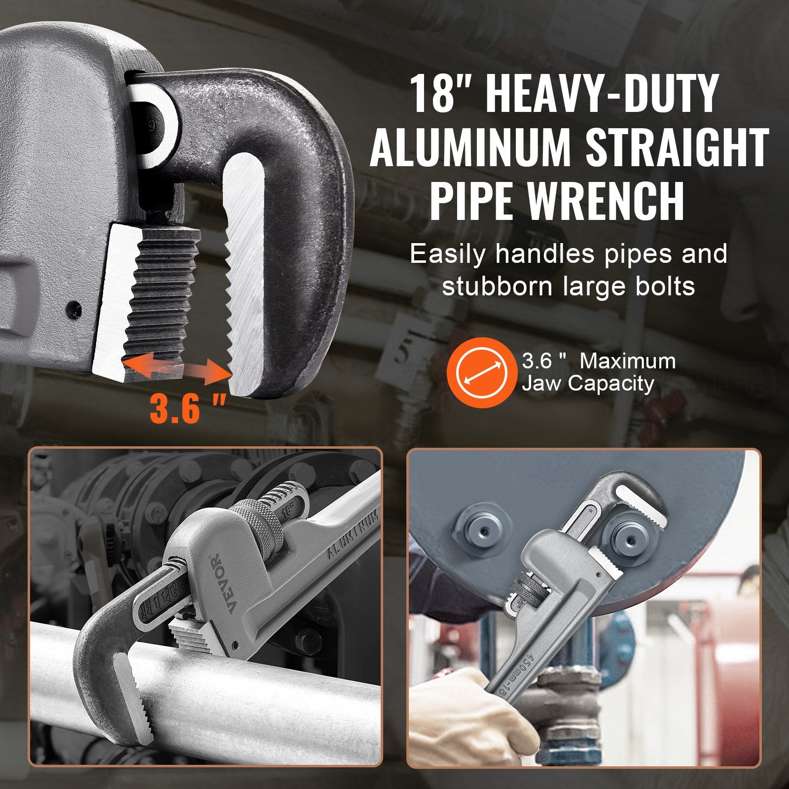 VEVOR Pipe Wrench, 18" Aluminum Straight Pipe Wrench, Adjustable Plumbing Wrench, with High Strength Jaw and Ergonomic Handle, Easy to Carry, Hangable Design, for Water Pipes, Automotive Repairs 