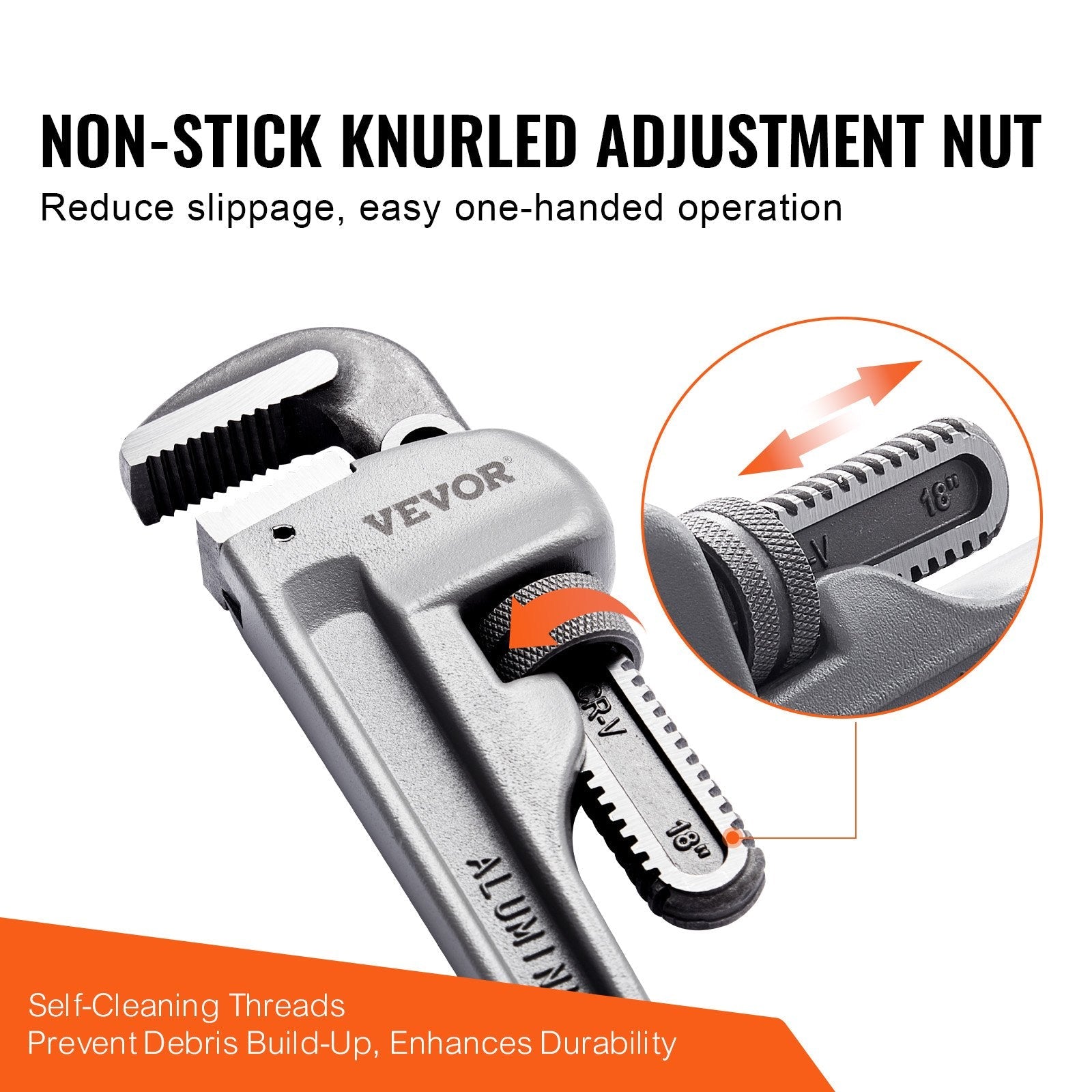 VEVOR Pipe Wrench, 18" Aluminum Straight Pipe Wrench, Adjustable Plumbing Wrench, with High Strength Jaw and Ergonomic Handle, Easy to Carry, Hangable Design, for Water Pipes, Automotive Repairs 
