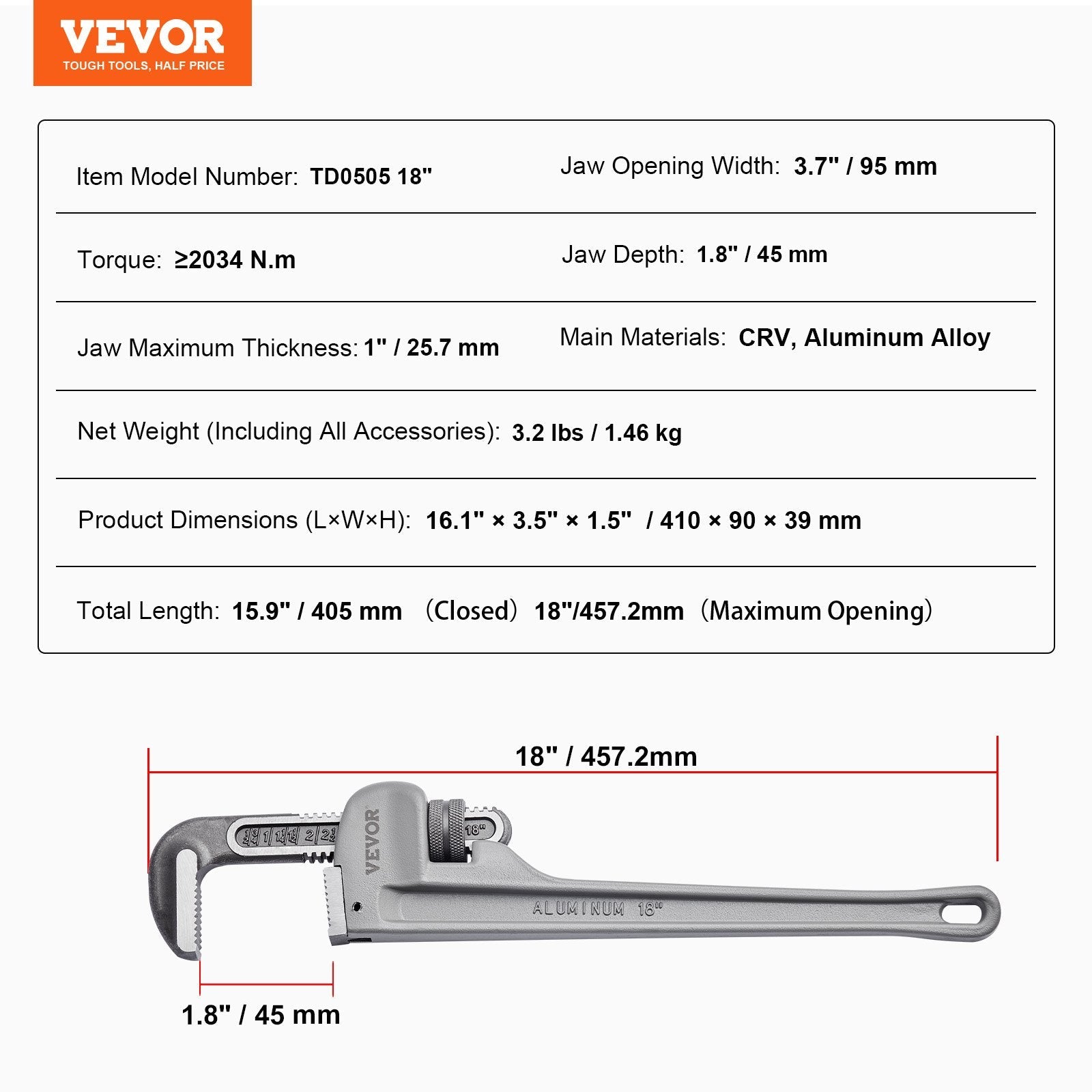 VEVOR Pipe Wrench, 18" Aluminum Straight Pipe Wrench, Adjustable Plumbing Wrench, with High Strength Jaw and Ergonomic Handle, Easy to Carry, Hangable Design, for Water Pipes, Automotive Repairs 