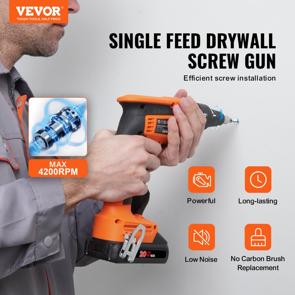 VEVOR Drywall Screw Gun, 20V Max Drywall Screwgun, 4200RPM Brushless Cordless Drywall Gun Kit with 2 Battery Packs, Charger, Belt Clip, and Tool Bag, Forward and Reverse Adjustable, Built-in LED Light 