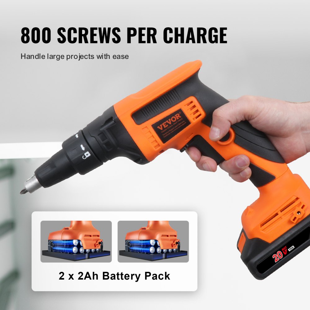 VEVOR Drywall Screw Gun, 20V Max Drywall Screwgun, 4200RPM Brushless Cordless Drywall Gun Kit with 2 Battery Packs, Charger, Belt Clip, and Tool Bag, Forward and Reverse Adjustable, Built-in LED Light 