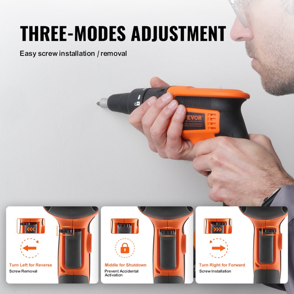 VEVOR Drywall Screw Gun, 20V Max Drywall Screwgun, 4200RPM Brushless Cordless Drywall Gun Kit with 2 Battery Packs, Charger, Belt Clip, and Tool Bag, Forward and Reverse Adjustable, Built-in LED Light 