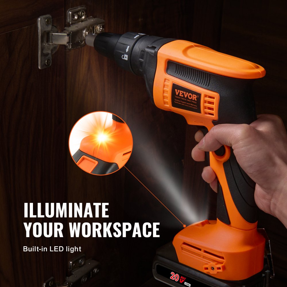 VEVOR Drywall Screw Gun, 20V Max Drywall Screwgun, 4200RPM Brushless Cordless Drywall Gun Kit with 2 Battery Packs, Charger, Belt Clip, and Tool Bag, Forward and Reverse Adjustable, Built-in LED Light 