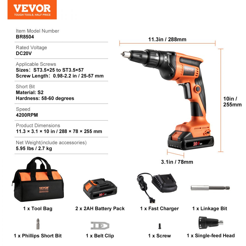 VEVOR Drywall Screw Gun, 20V Max Drywall Screwgun, 4200RPM Brushless Cordless Drywall Gun Kit with 2 Battery Packs, Charger, Belt Clip, and Tool Bag, Forward and Reverse Adjustable, Built-in LED Light 