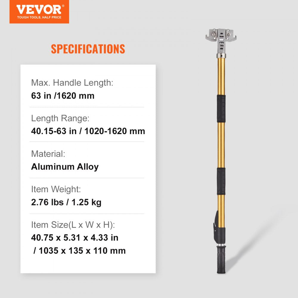 VEVOR Drywall Flat Box Handle, 40''-64'', Anodized Aluminum Flat Finishing Extension Handle, 5-Section Length Adjustable, Non-slip Grip and 360° Painting for Plasterboard, Wallboard, Sheetrock 