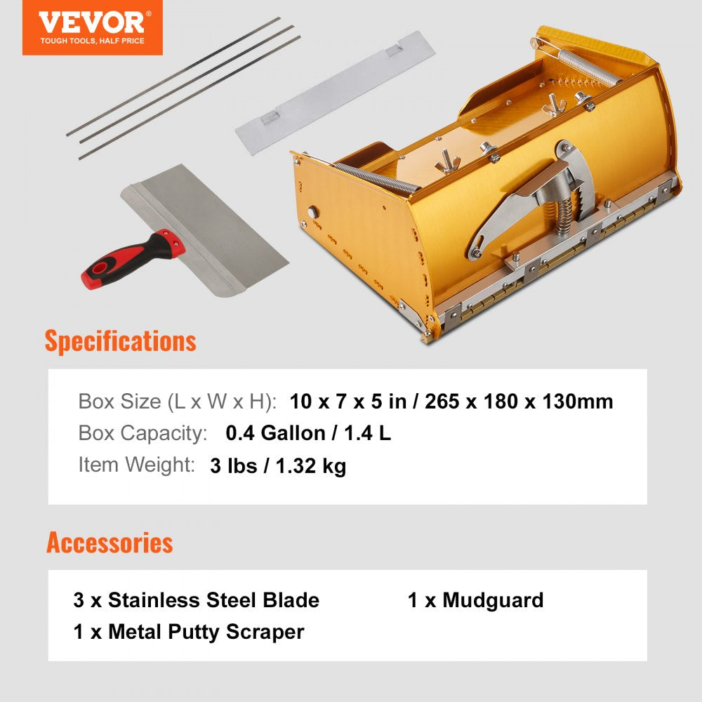 VEVOR Drywall Flat Box, 10-Inch Wide Quick Clean, Aluminum Finishing Mud Box for Plasterboard, Wallboard, Sheetrock, Bonus Mudguard, Extra 2 Stainless Steel Blades (10/12-Inch) 