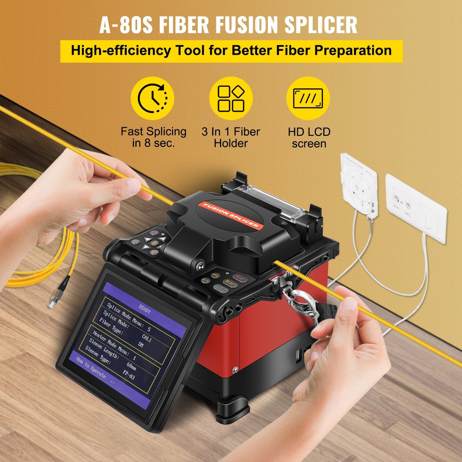 VEVOR Fiber Fusion Splicer Automatic Focus A-80S FTTH Fiber Optic Fusion Splicer Kit 5 Inch Digital LCD Screen Fusion Splicer Machine Optical Fiber Cleaver Kit 