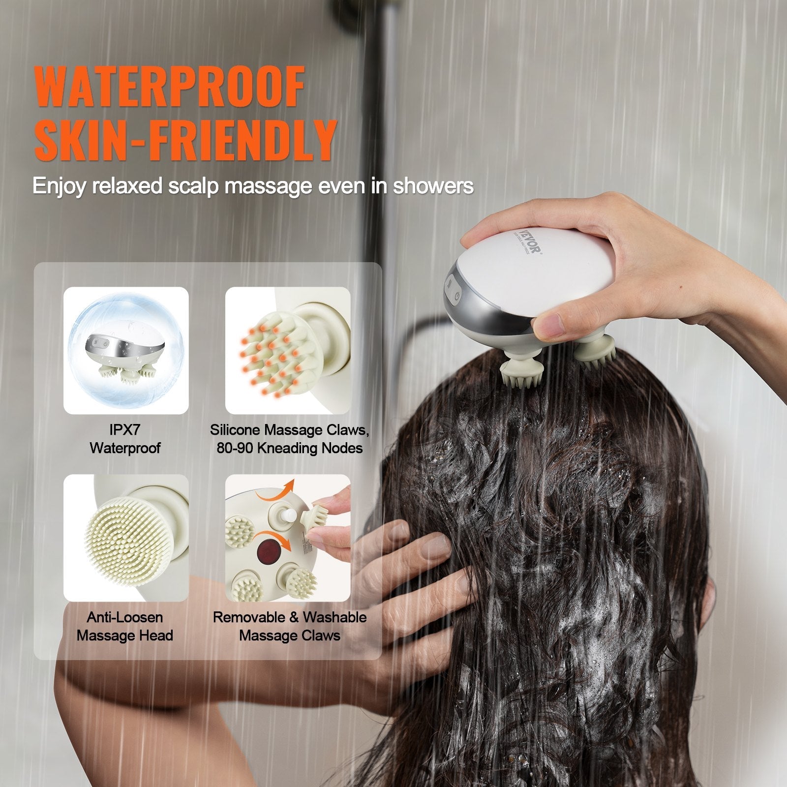 VEVOR Electric Scalp Massager with Heat Rechargeable Head Massager Waterproof 