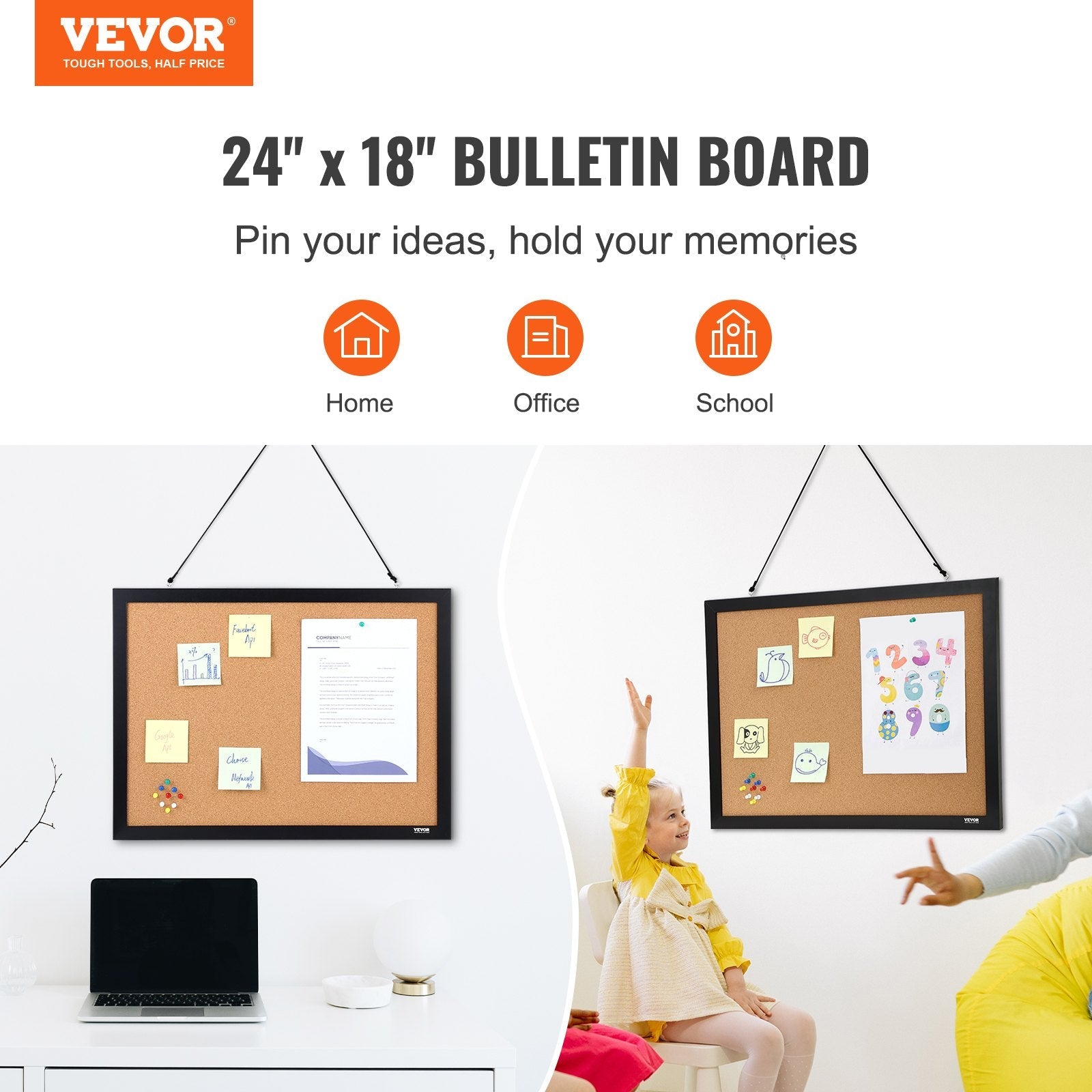 VEVOR Cork Board, 24 x 18 inches, Double-sided Bulletin Board with MDF Sticker Frame, Vision Board Includes 10 Pushpins, for Display and Decoration in Office Home and School 
