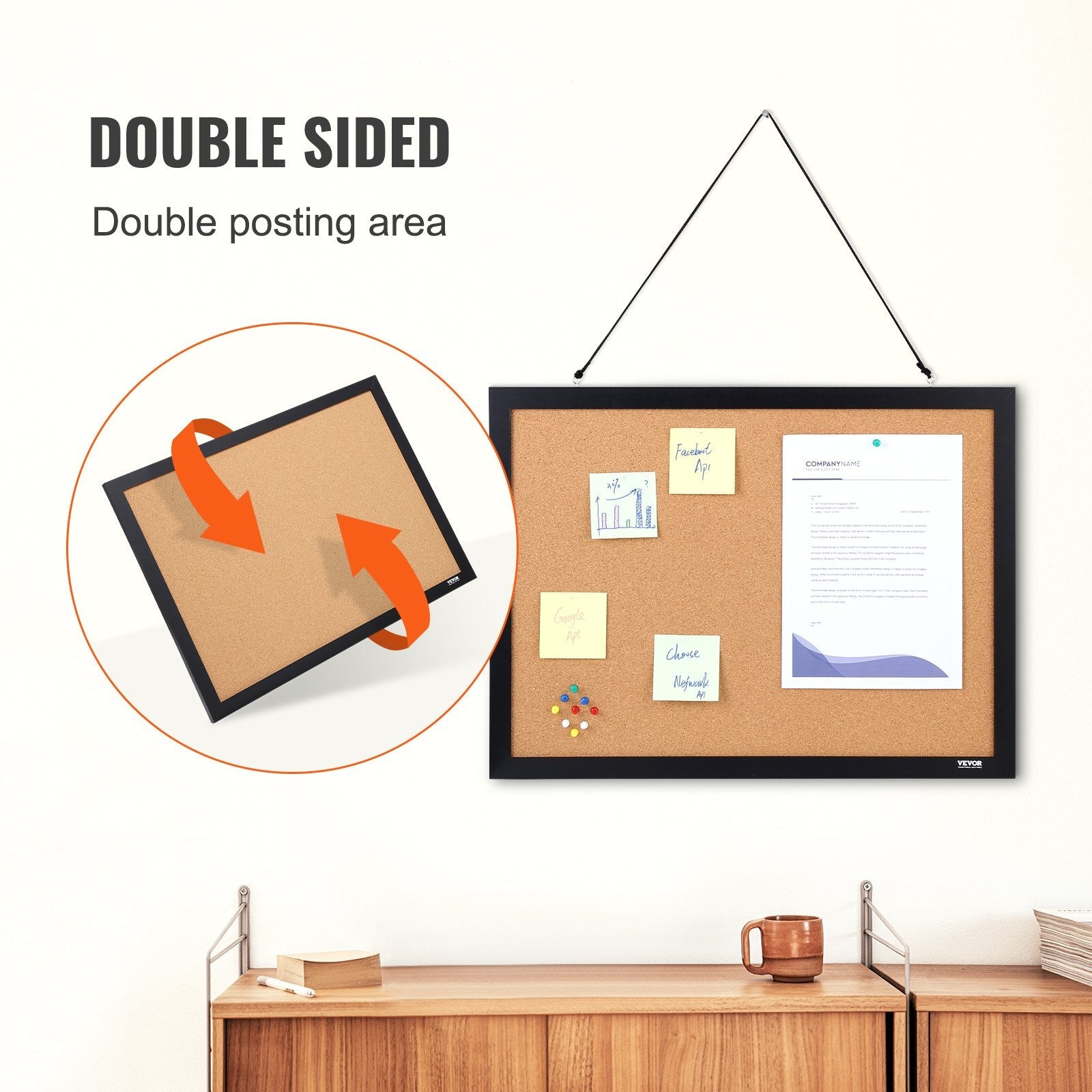 VEVOR Cork Board, 24 x 18 inches, Double-sided Bulletin Board with MDF Sticker Frame, Vision Board Includes 10 Pushpins, for Display and Decoration in Office Home and School 