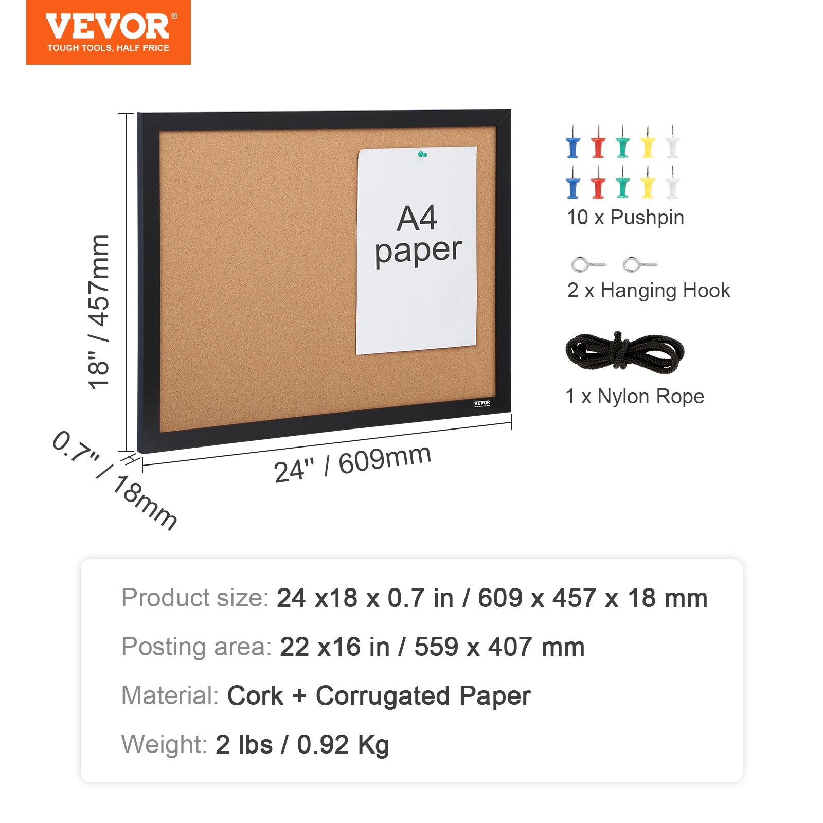 VEVOR Cork Board, 24 x 18 inches, Double-sided Bulletin Board with MDF Sticker Frame, Vision Board Includes 10 Pushpins, for Display and Decoration in Office Home and School 