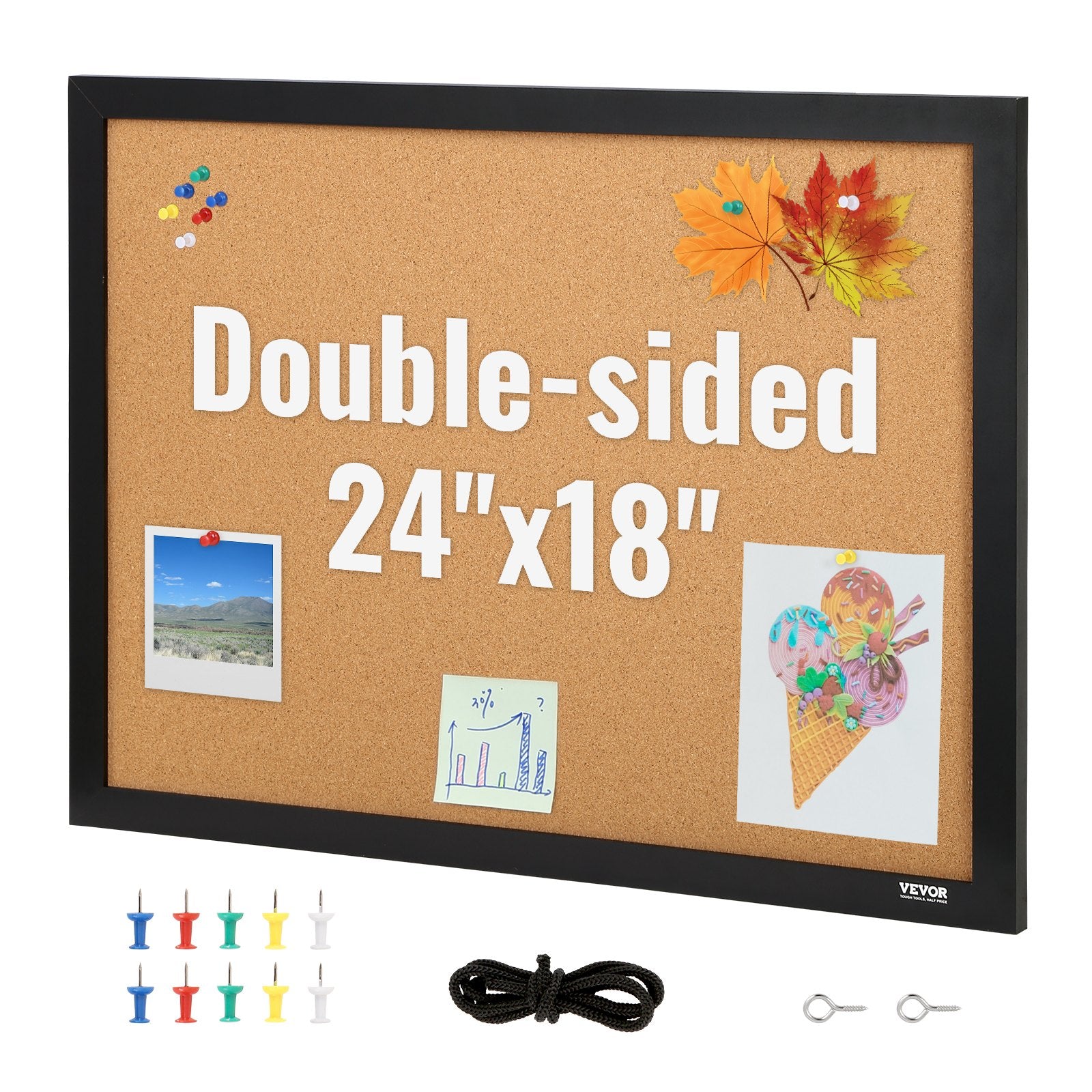 VEVOR Cork Board, 24 x 18 inches, Double-sided Bulletin Board with MDF Sticker Frame, Vision Board Includes 10 Pushpins, for Display and Decoration in Office Home and School 