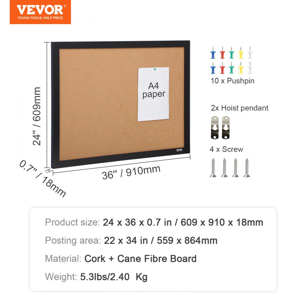 VEVOR Cork Board, 36x24 inches Bulletin Board with MDF Sticker Frame, Vision Board Includes 10 Pushpins, for Display and Decoration in Office Home and School 