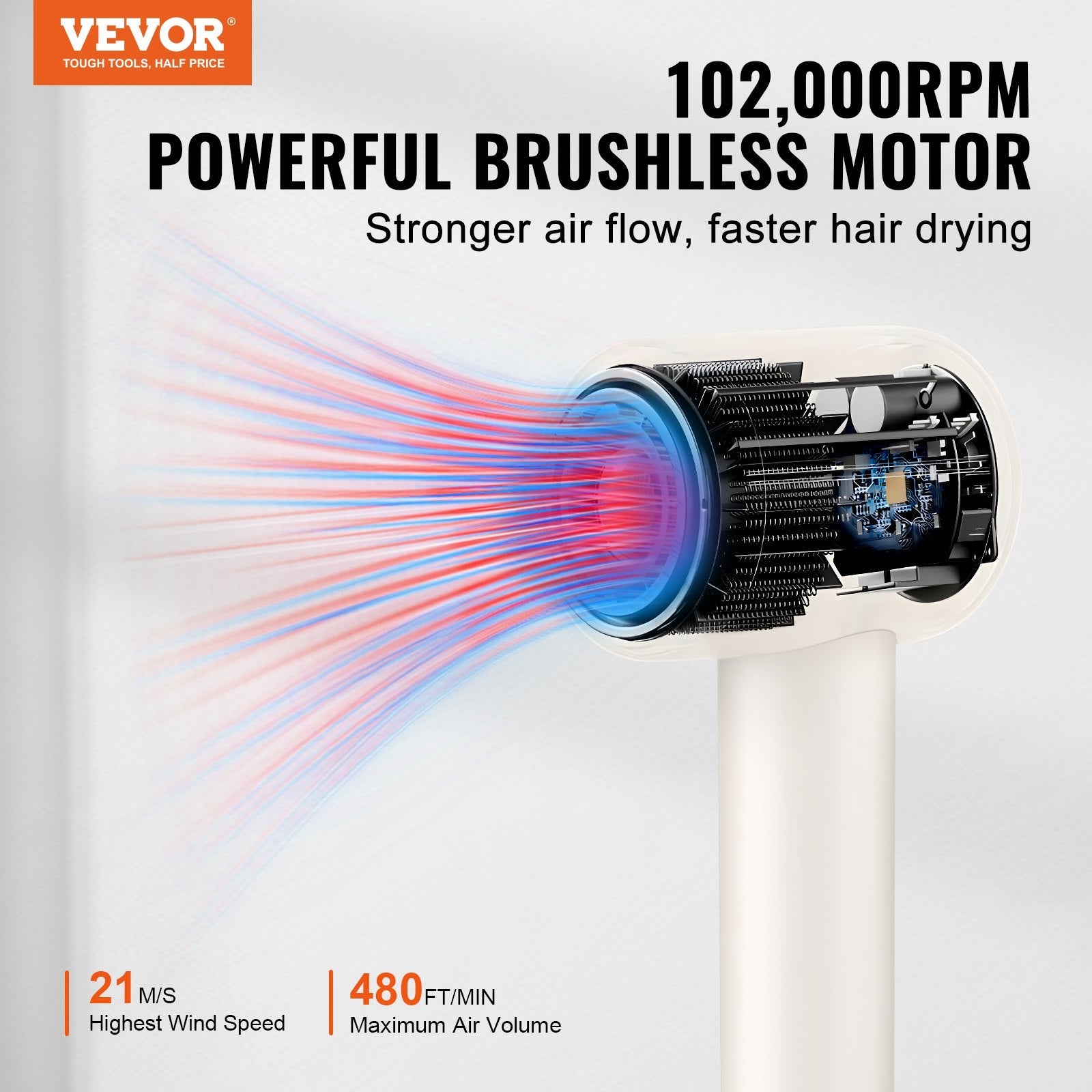 VEVOR High-Speed Hair Dryer with 102,000RPM Brushless Motor, 200 Million Negative Ions Hair Blow Dryer, 3-Color Temp LED Lights & 2 Speeds, Lightweight Hairdryer with Diffuser & Nozzle for Home Travel 